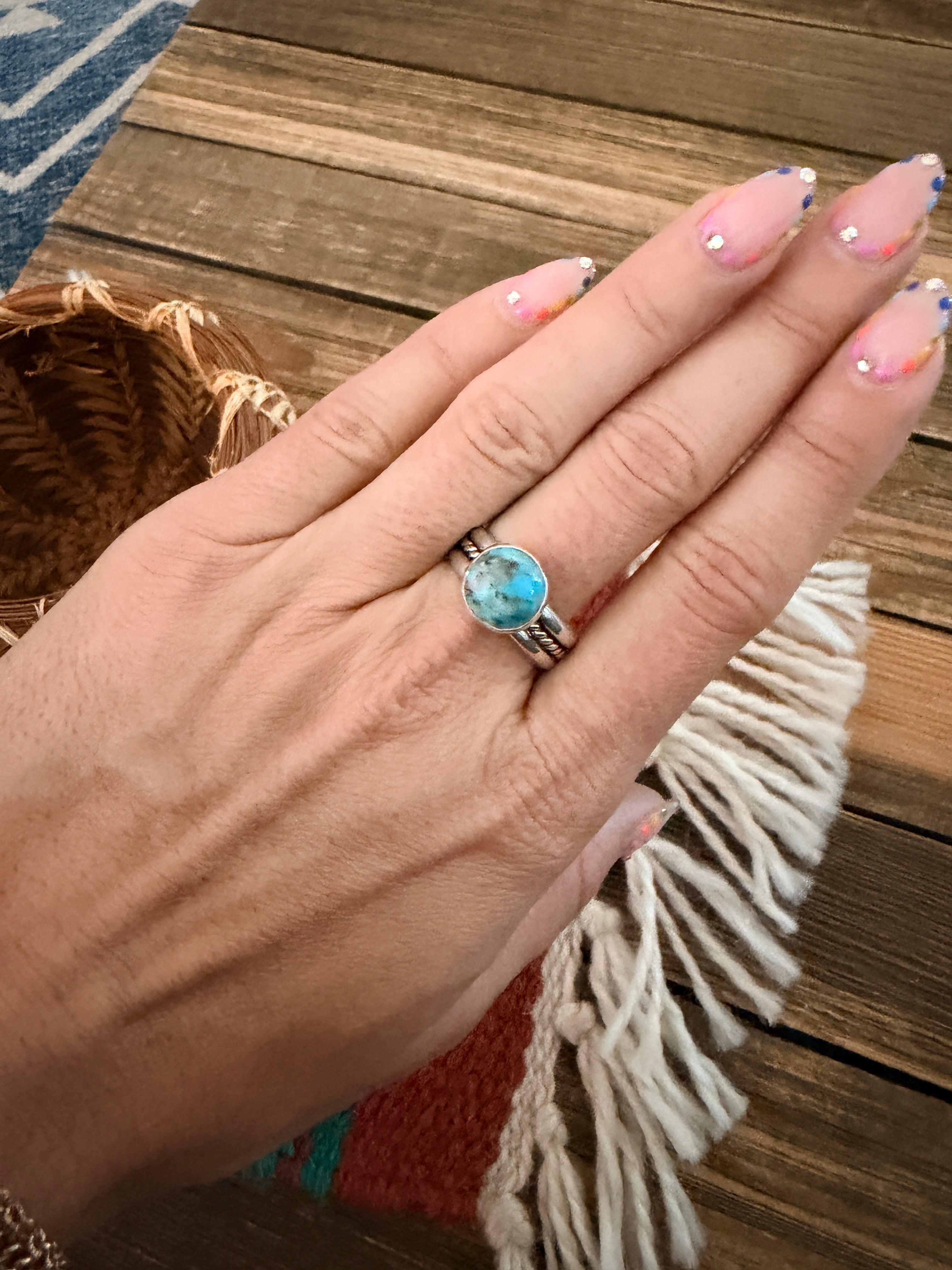 Handcrafted Turquoise & Sterling Silver Band Ring Size 9