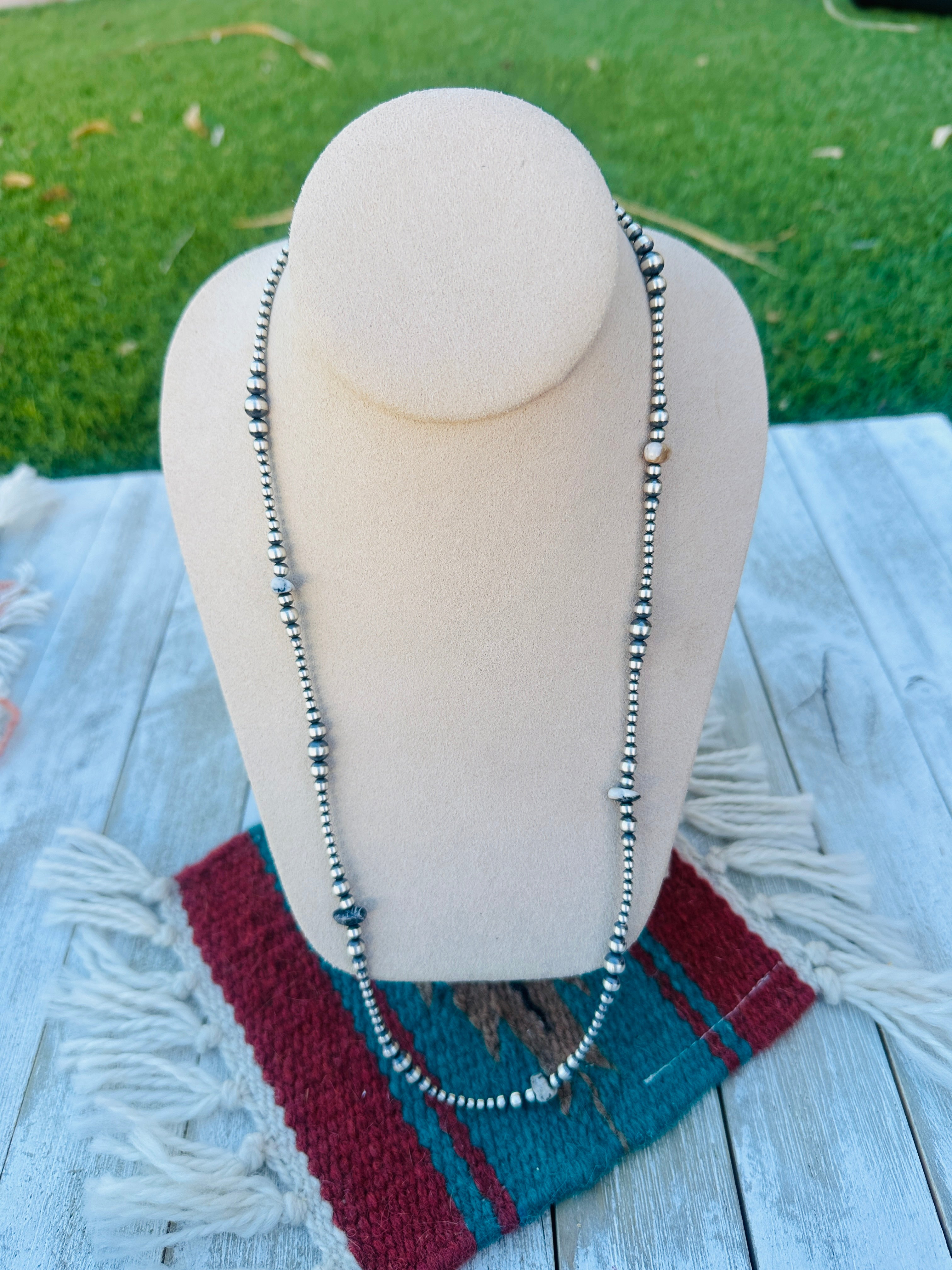 Handcrafted White Buffalo & Sterling Silver Pearl Style 24” Beaded Necklace