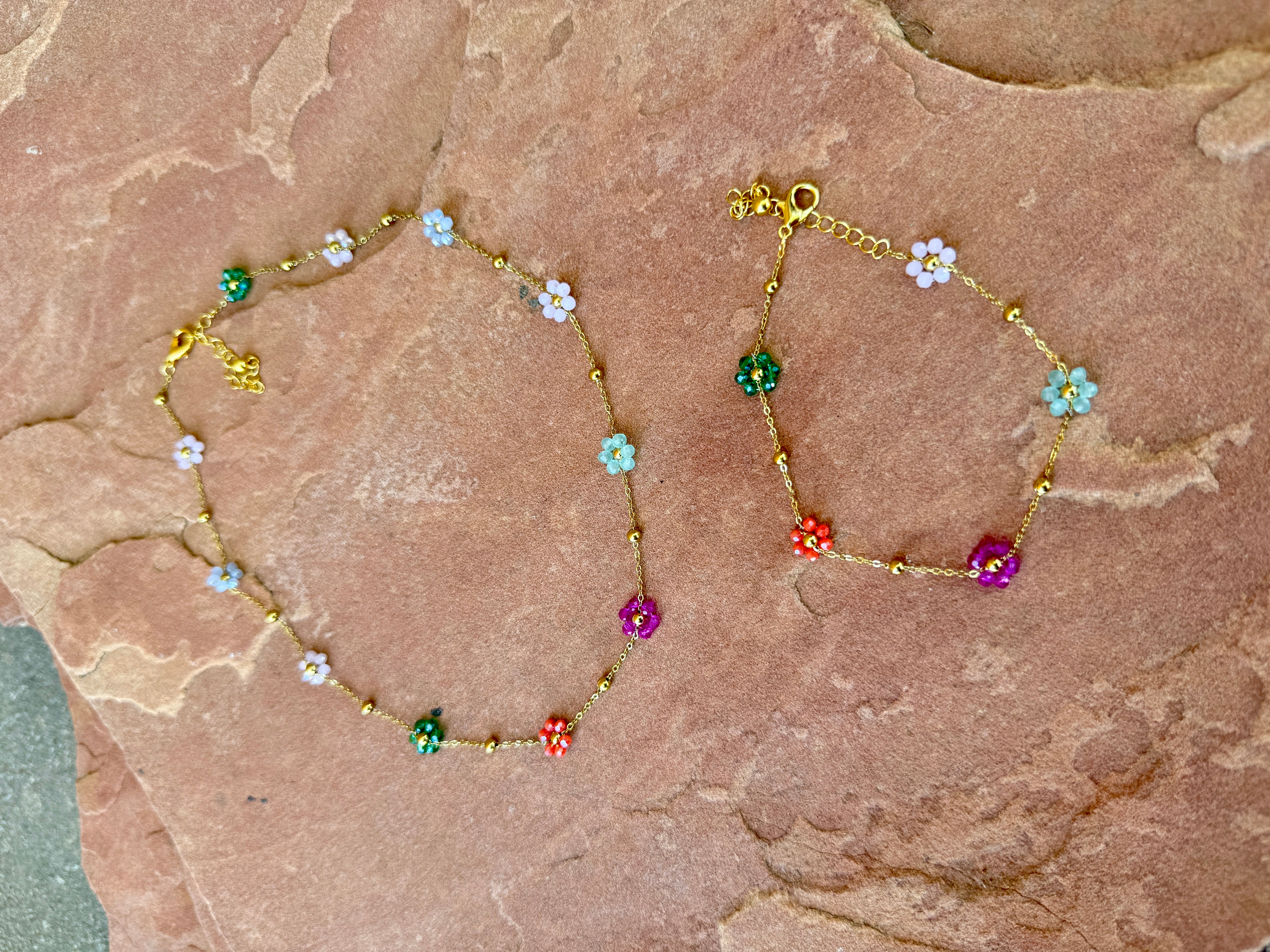 “The Golden Collection” Multi Color Beaded Gold Plated Flower Necklace