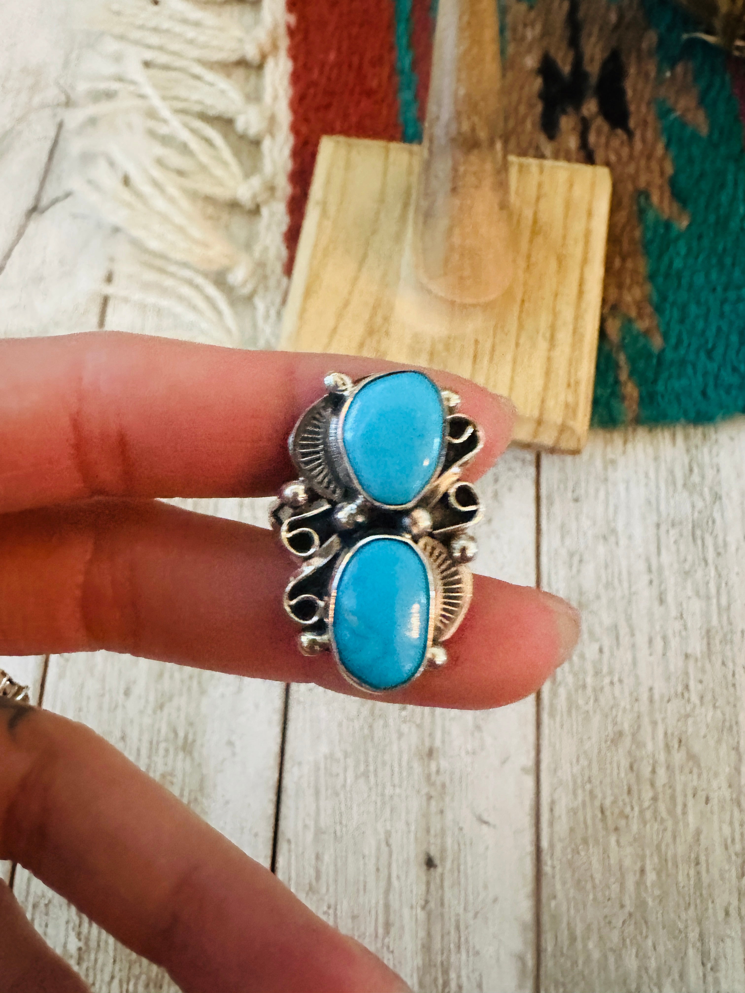 Handcrafted Turquoise & Sterling Silver Two Stone Ring Size 8.5