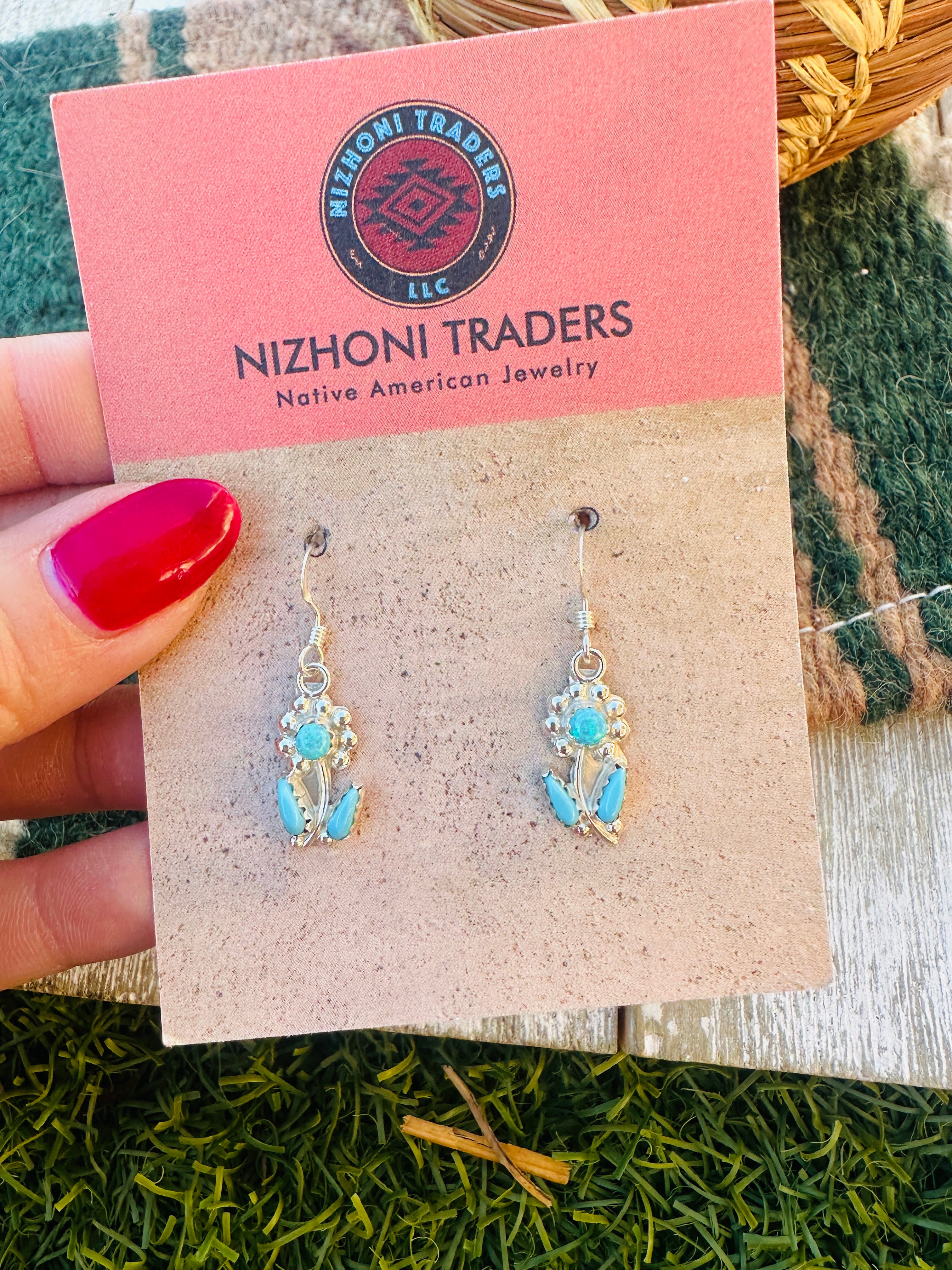 Handcrafted Turquoise, Light Blue Opal & Sterling Silver Flower Dangle Earrings