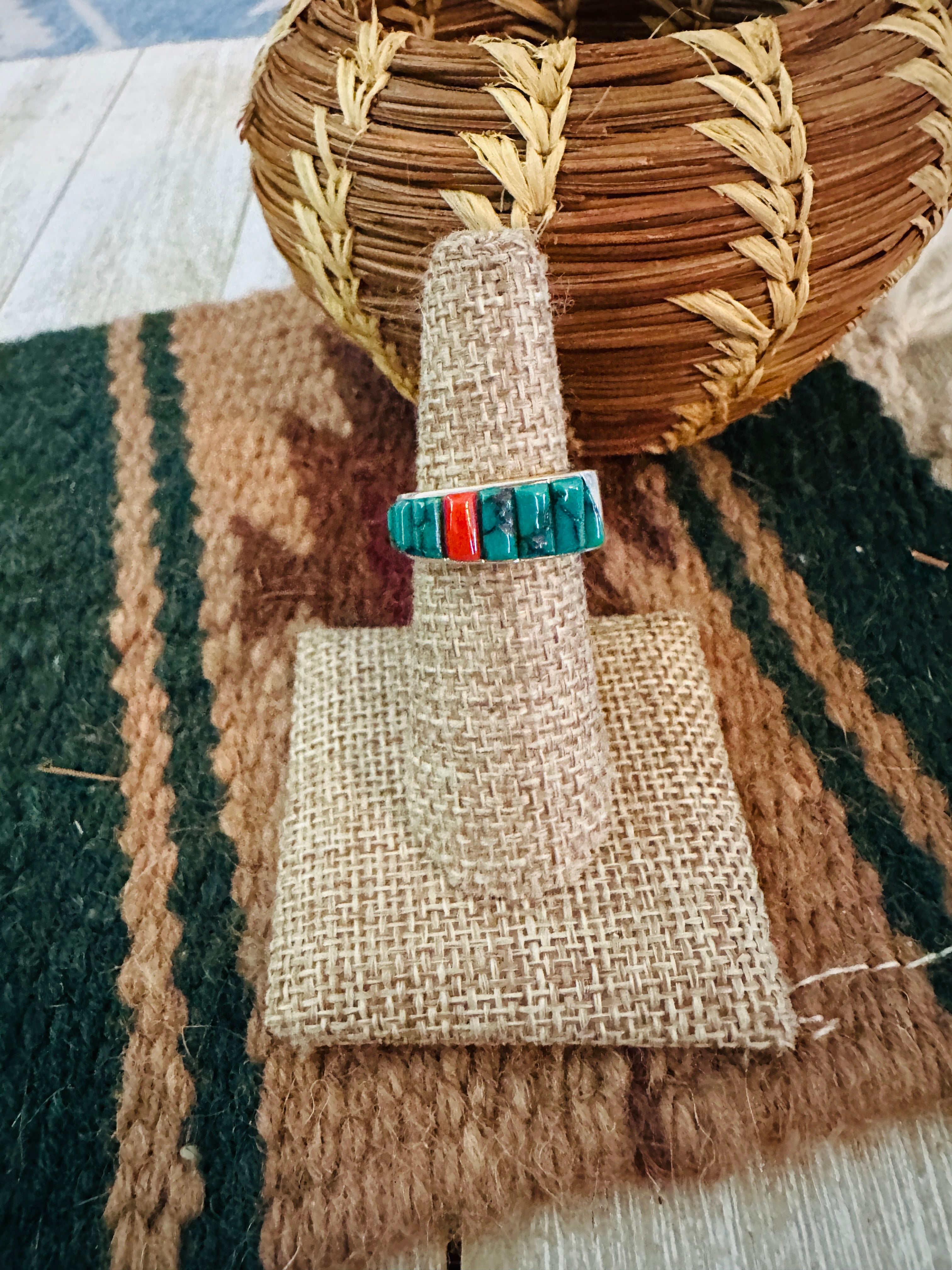 Old Pawn Handcrafted Turquoise, Coral & Sterling Silver Band Ring Size 6