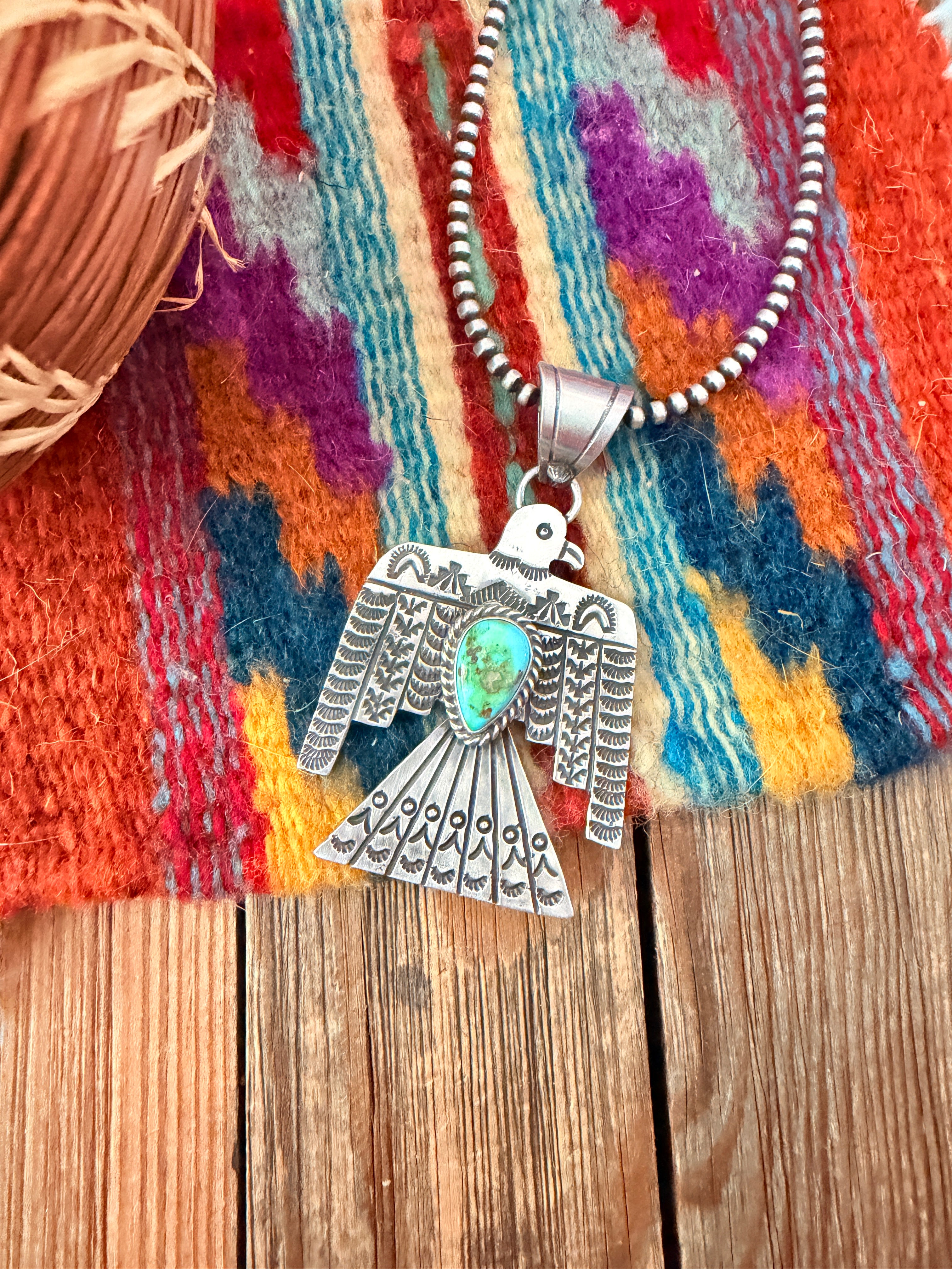 Handcrafted Sterling Silver & Turquoise Thunderbird Pendant by Leroy James