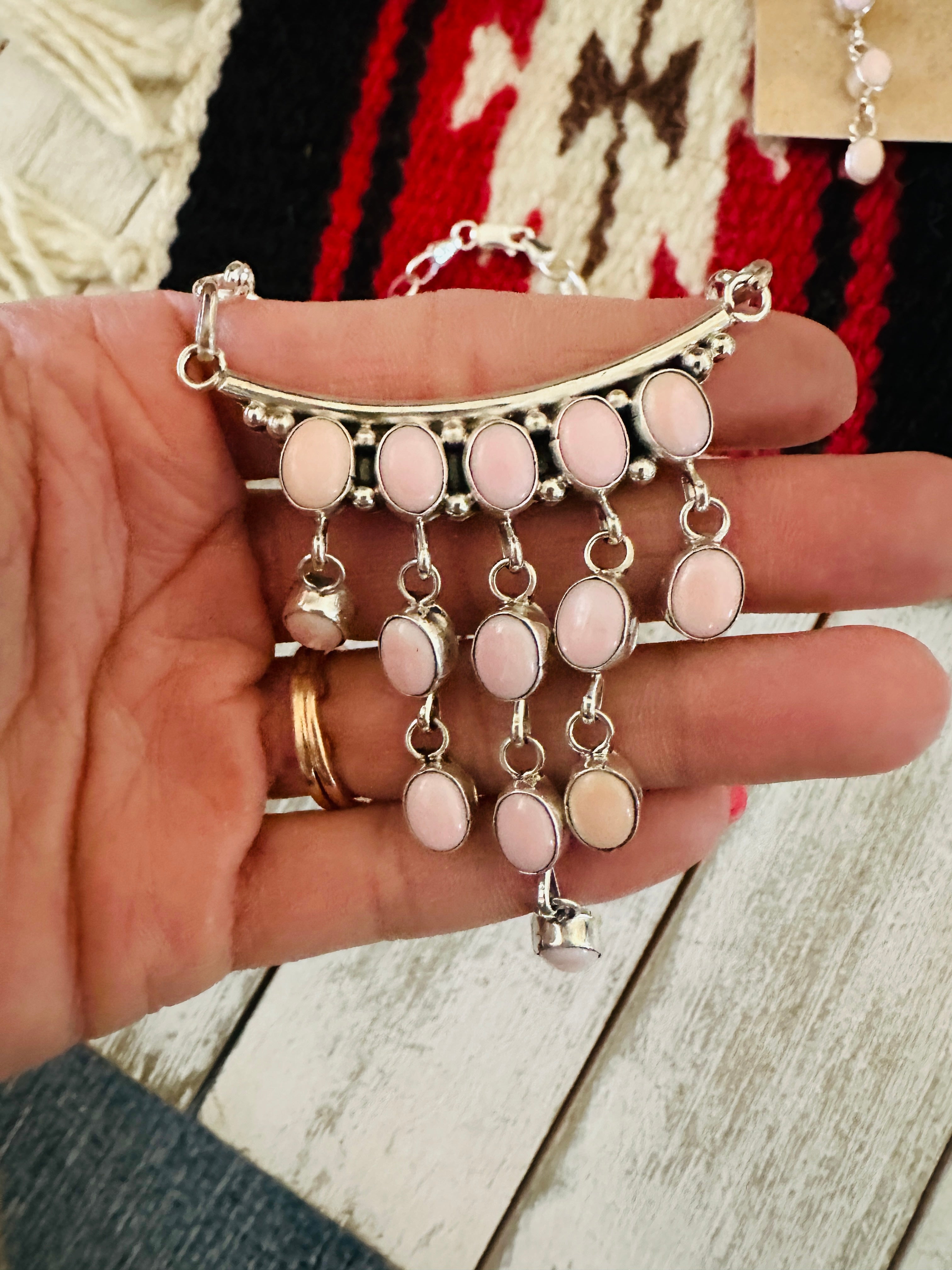 Handcrafted Queen Pink Conch & Sterling Silver Chandelier Necklace Set