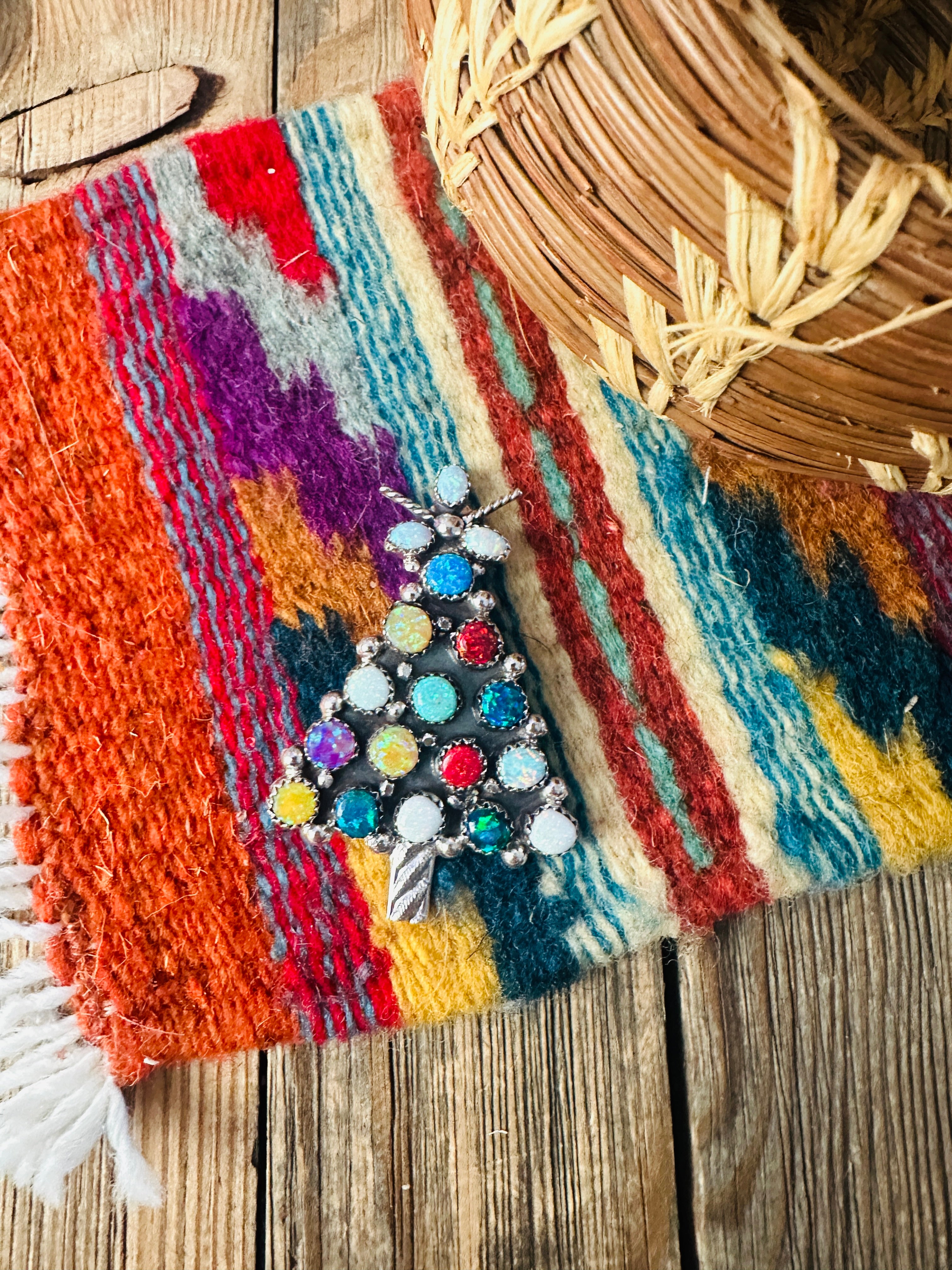 Handcrafted Sterling Silver & Multicolor Opal Christmas Tree Brooch