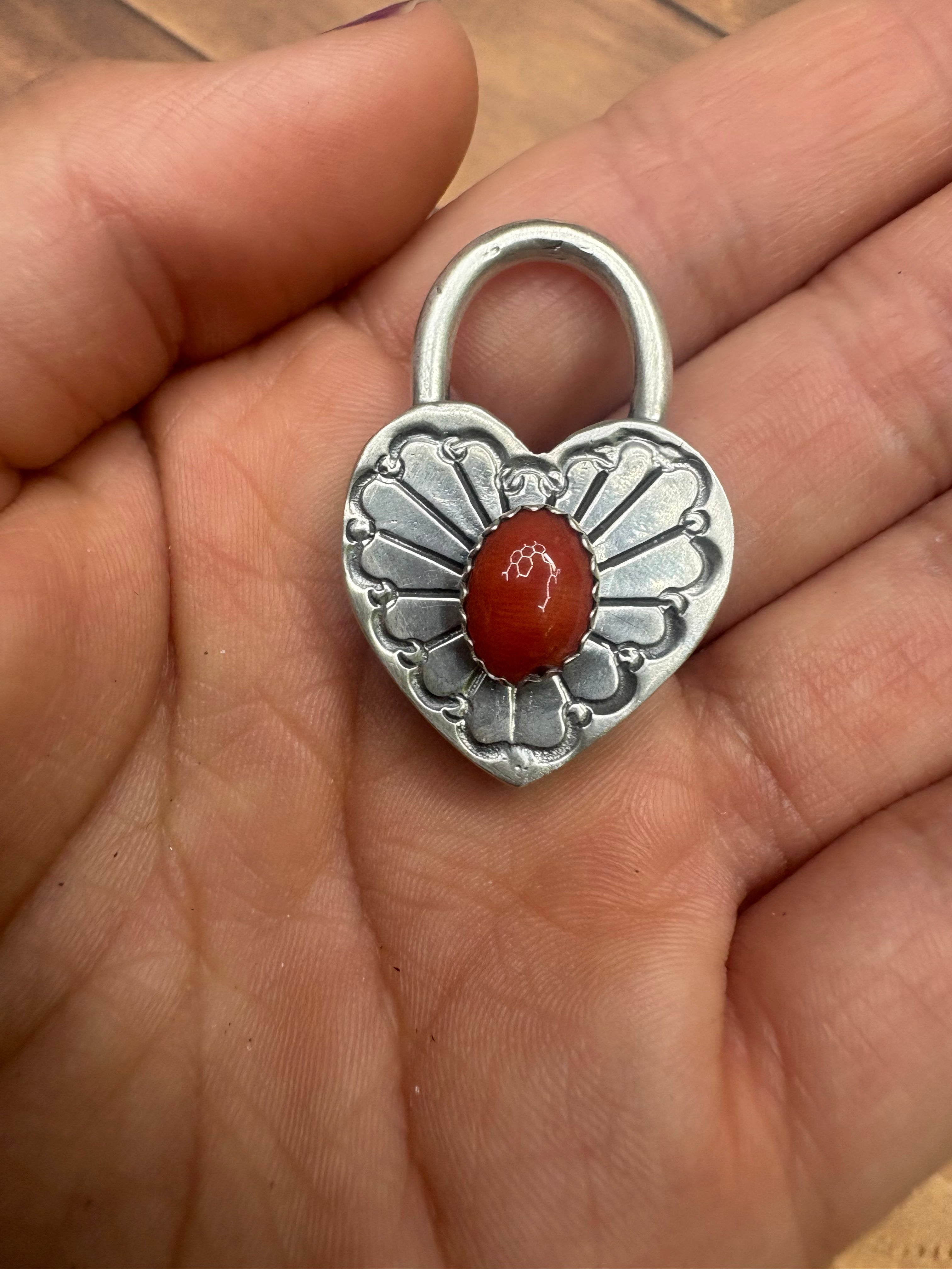 Sterling Silver Heart Padlock Pendant with Coral Stone