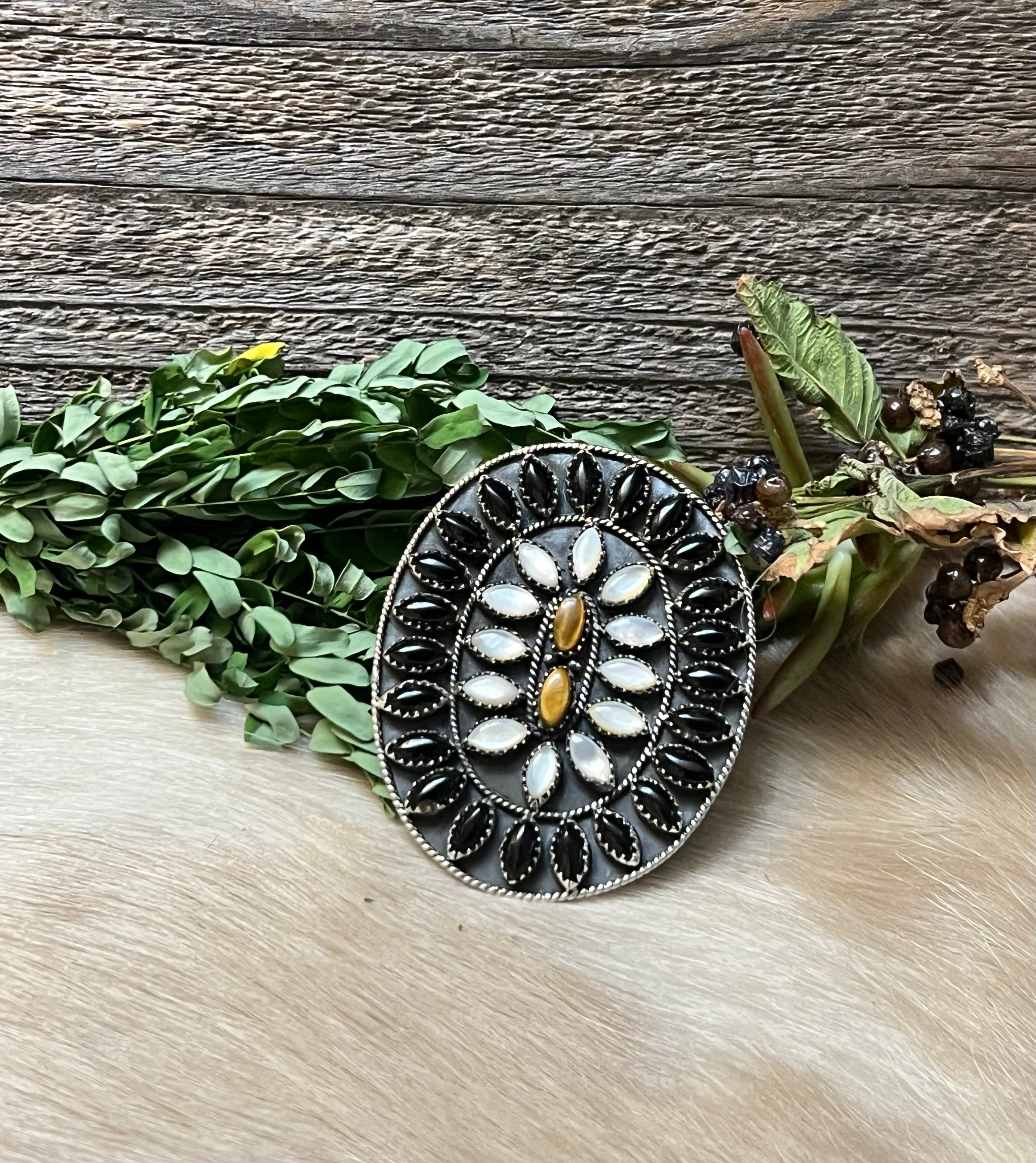 “Desert Roads” Handmade Pearl, Black Onyx & Sterling Silver Adjustable Ring