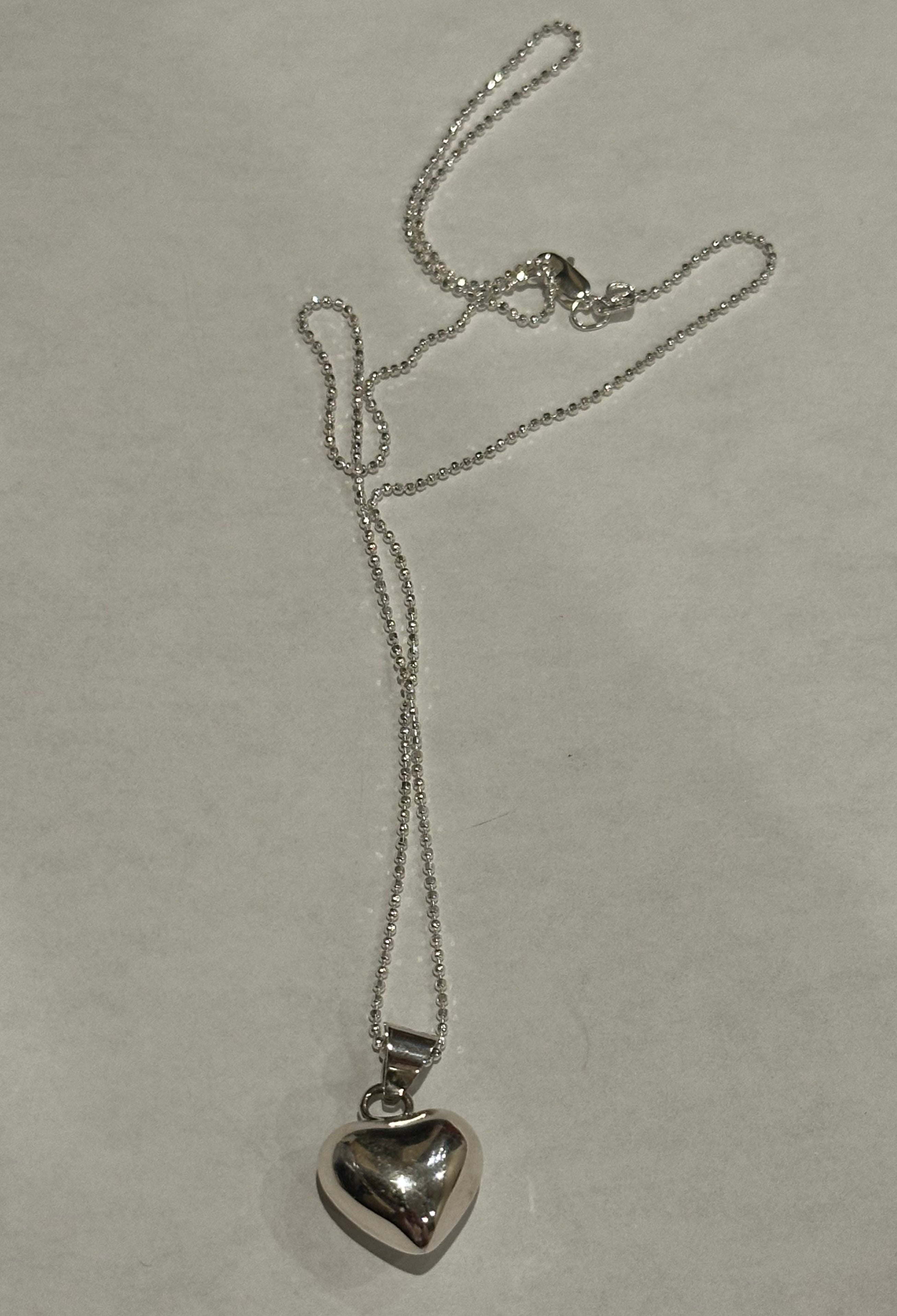 Large Puffed Heart Pendant Sterling Silver Necklace