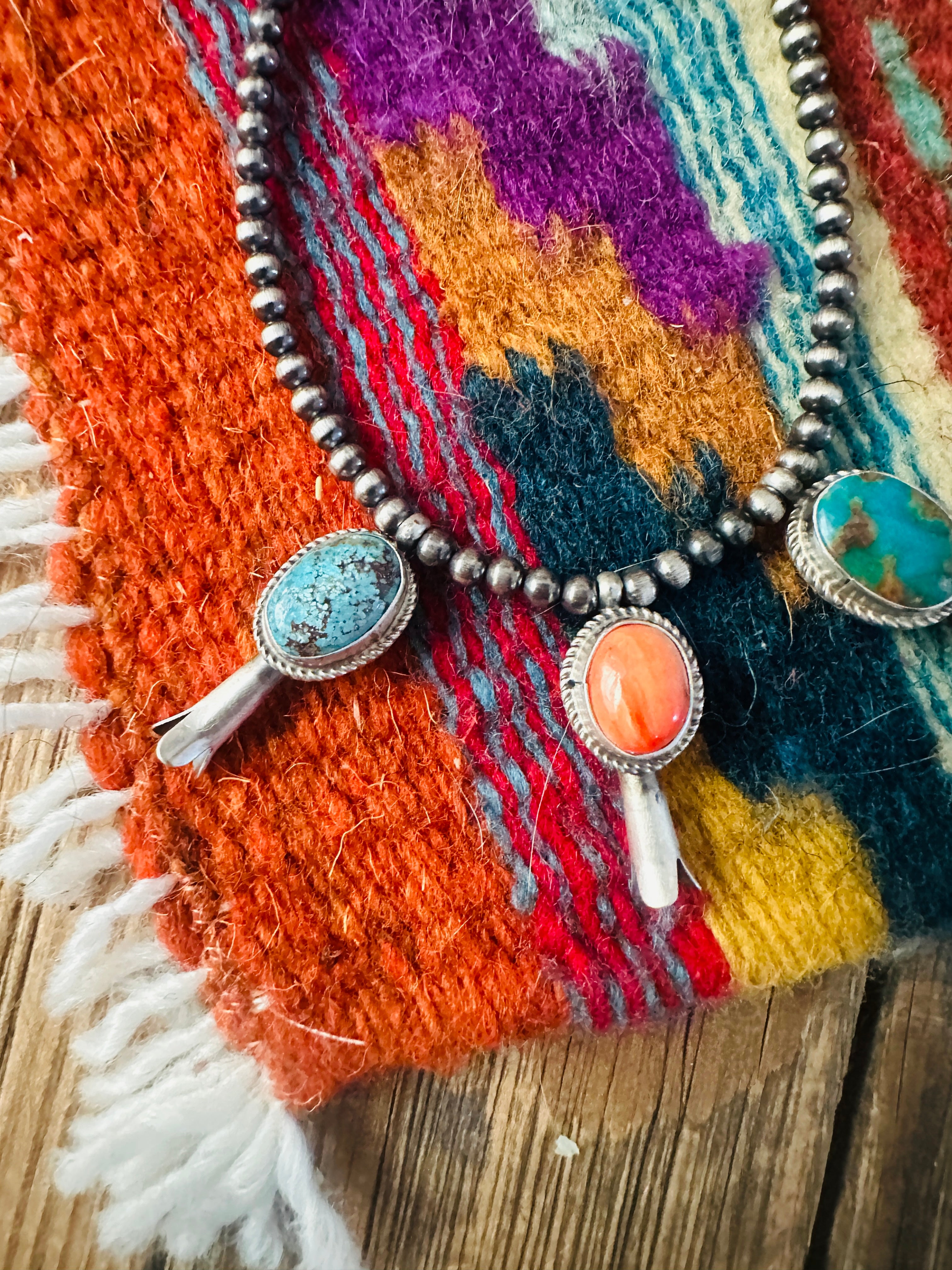 Handcrafted 3mm Sterling Silver Pearl, Turquoise & Spiny Oyster Blossom Stretch Bracelet