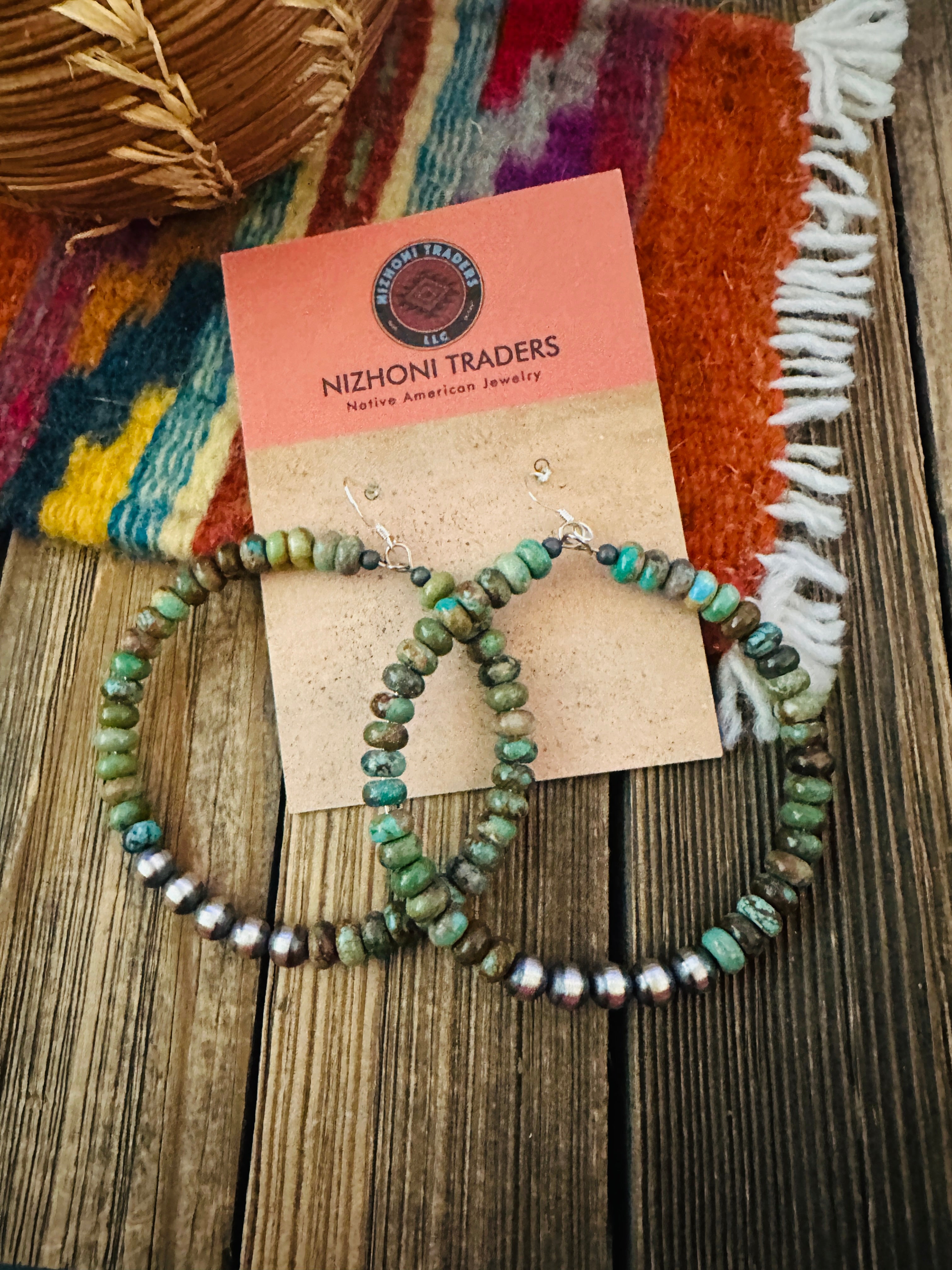 Handcrafted Turquoise & Sterling Silver Beaded Dangle Hoop Earrings