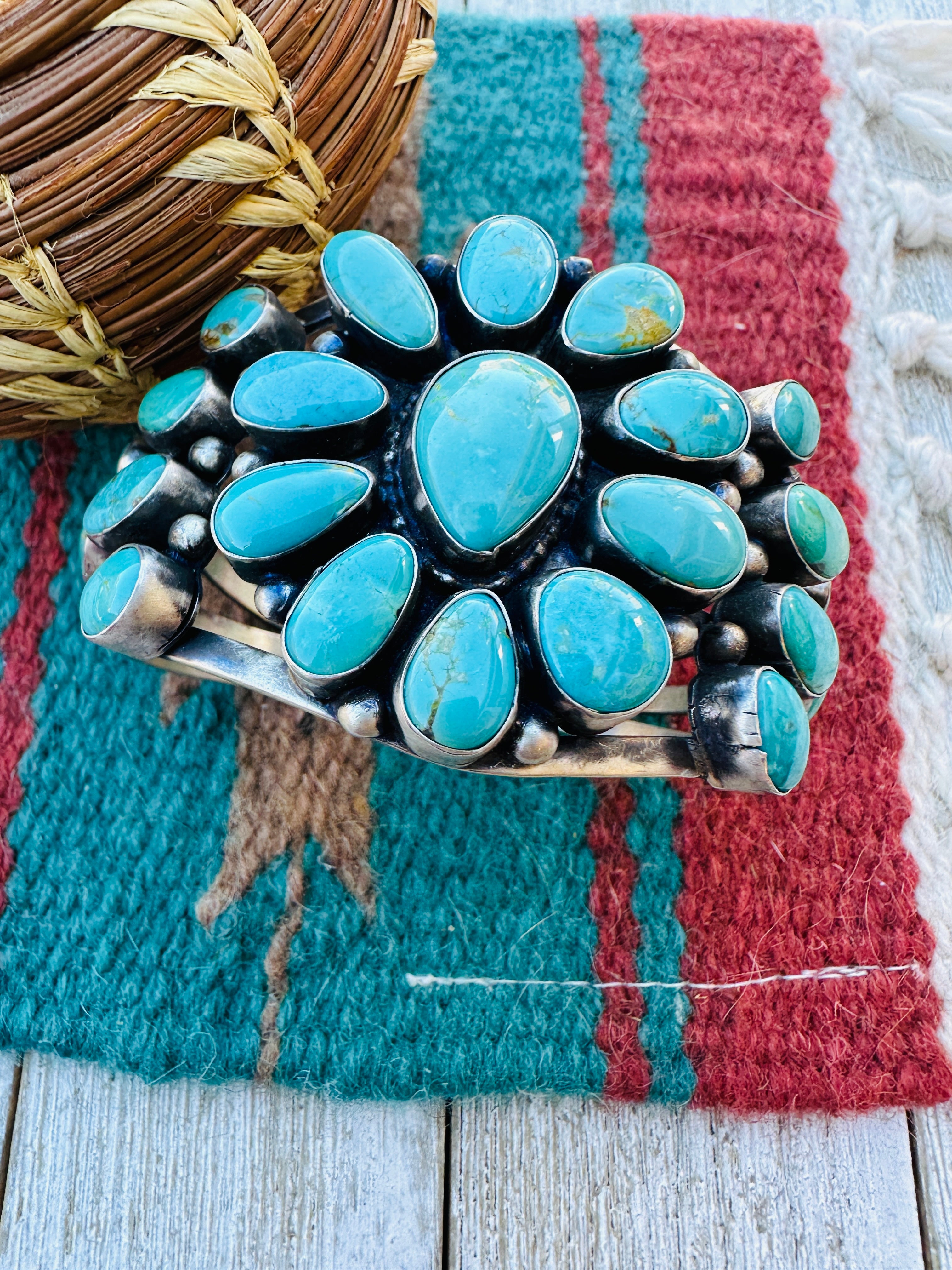 Handcrafted Sterling Silver & Blue Water Turquoise Cluster Cuff Bracelet by Bobby Johnson