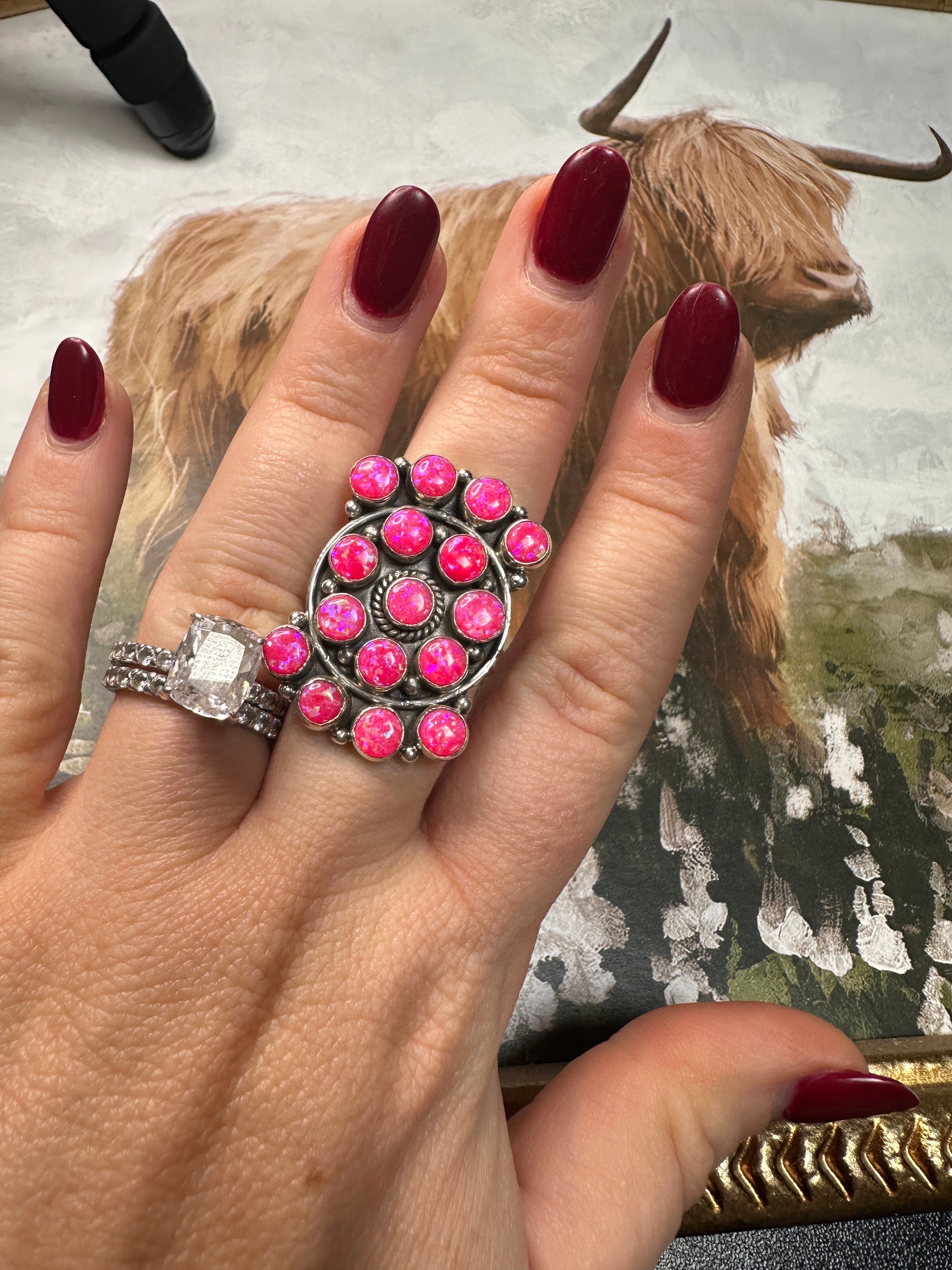 Handmade Adjustable Hot Pink Fire Opal Sterling Silver Ring