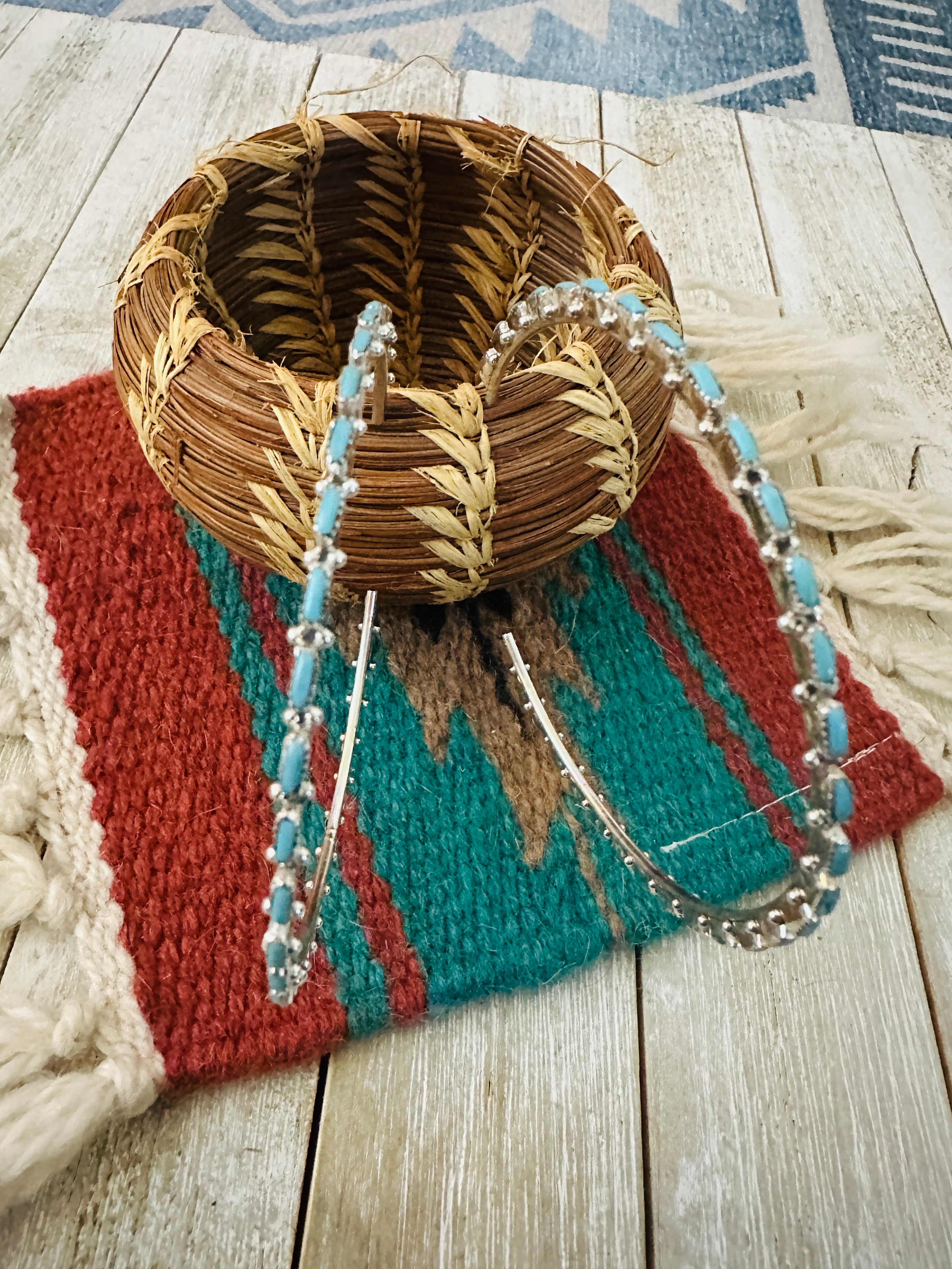 Handcrafted Turquoise & Sterling Silver Needlepoint Hoop Earrings