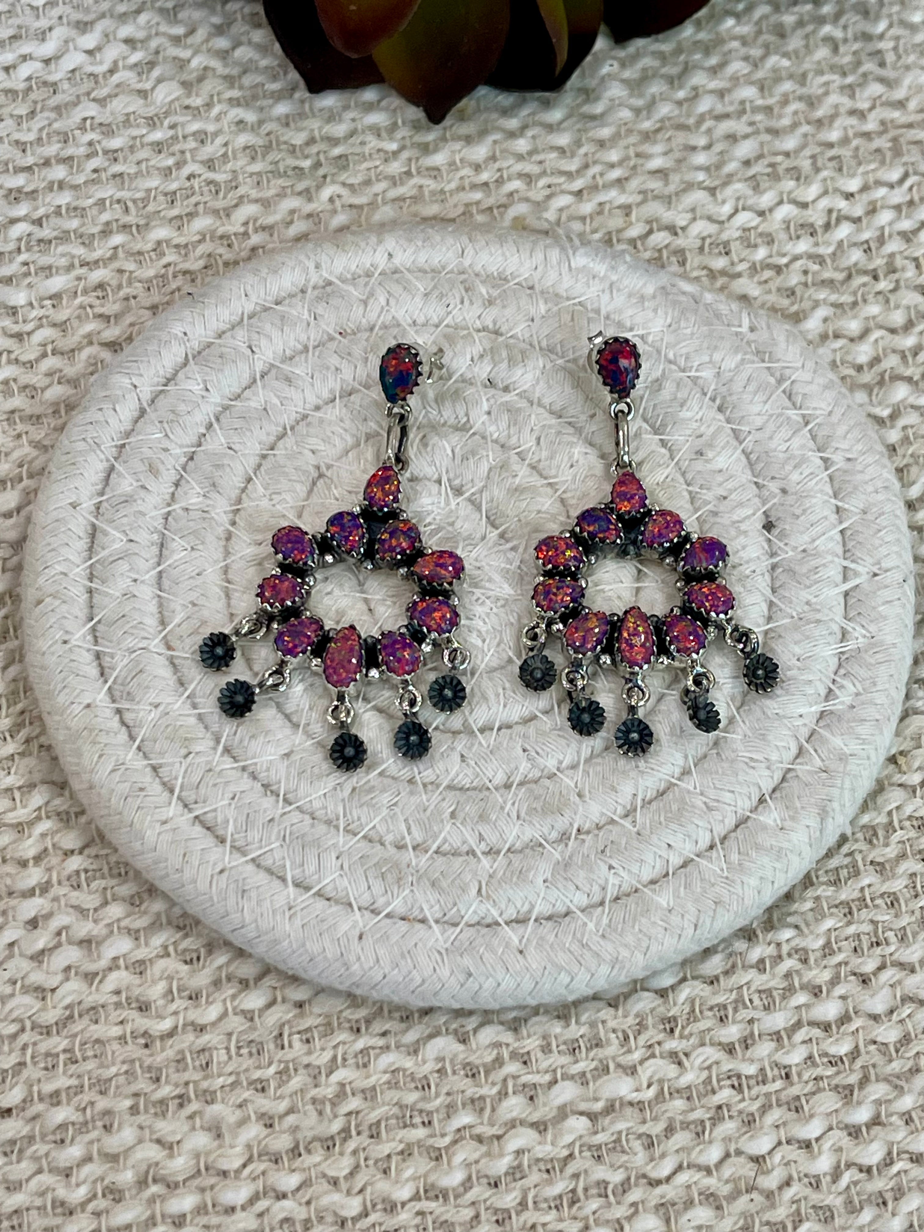 Handmade Pink Fire Opal and Sterling Silver Cluster Dangle Earrings