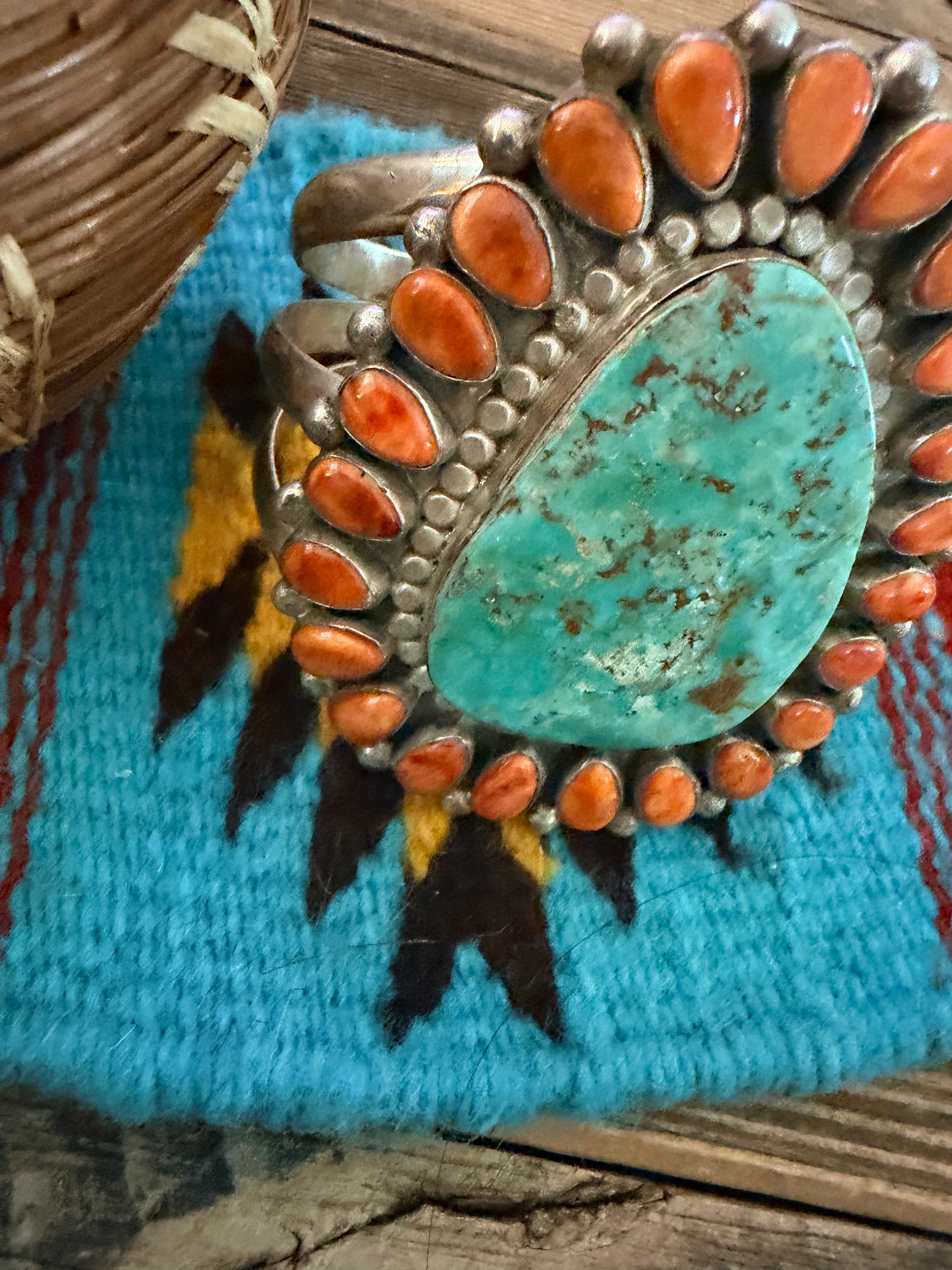 Handcrafted Spiny Oyster, Turquoise & Sterling Silver Cluster Cuff Bracelet
