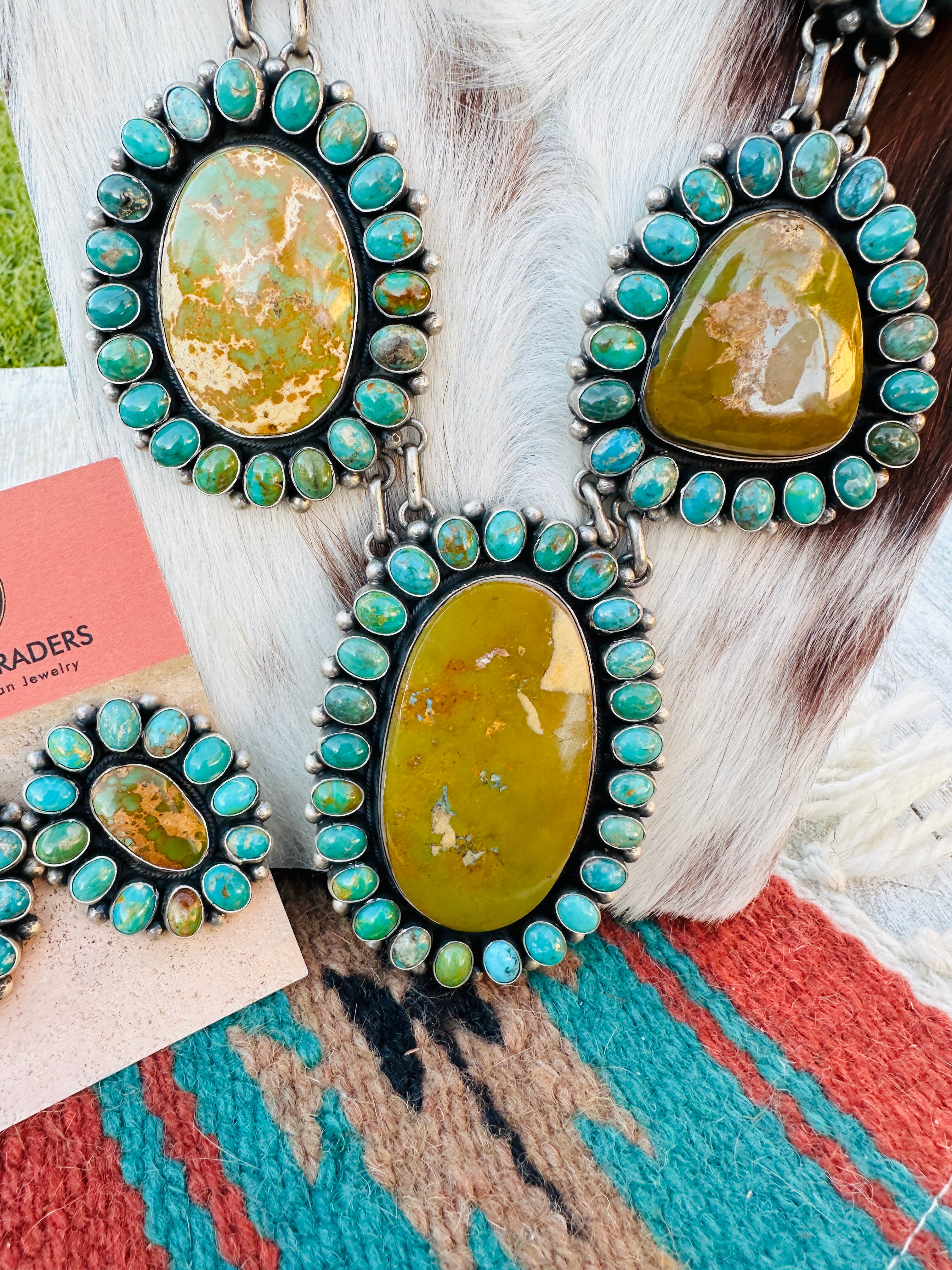 Handcrafted Royston, Kingman Turquoise & Sterling Silver Necklace and Earring Set by Blaine Yellowhorse