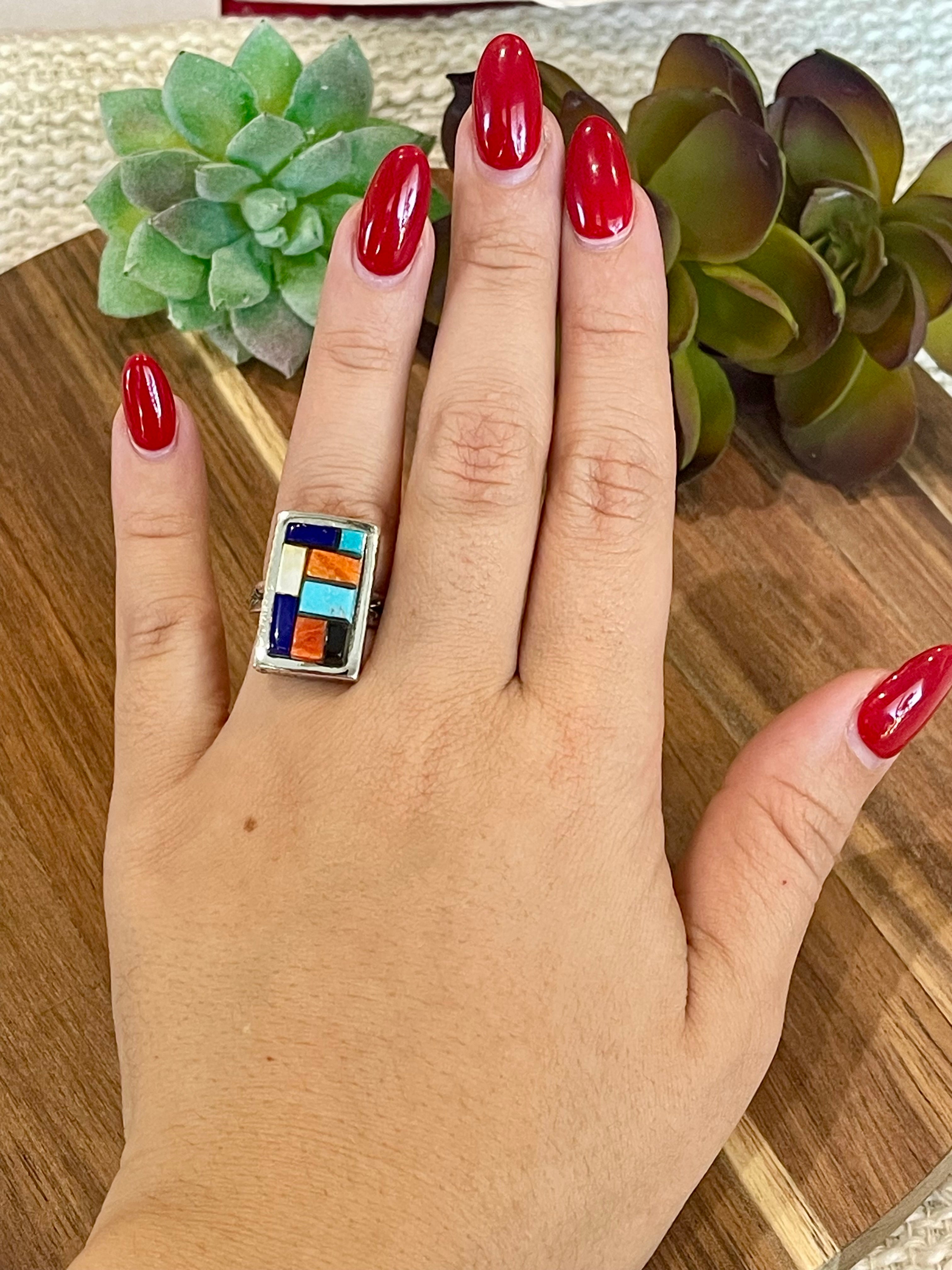 Handmade Sterling Silver & Multi Stone Inlay Ring Size 6.25