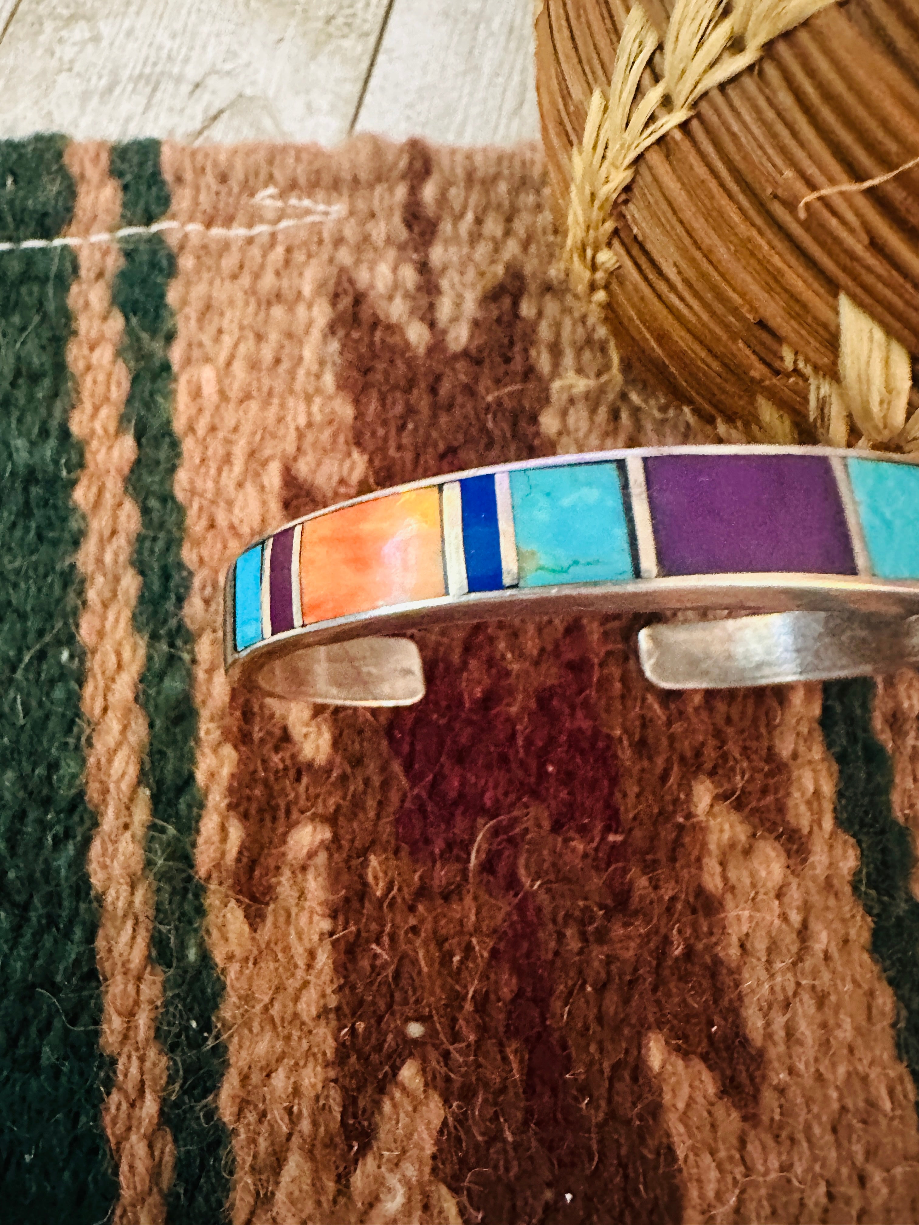 Handcrafted Old Pawn Multi Stone & Sterling Silver Inlay Cuff Bracelet