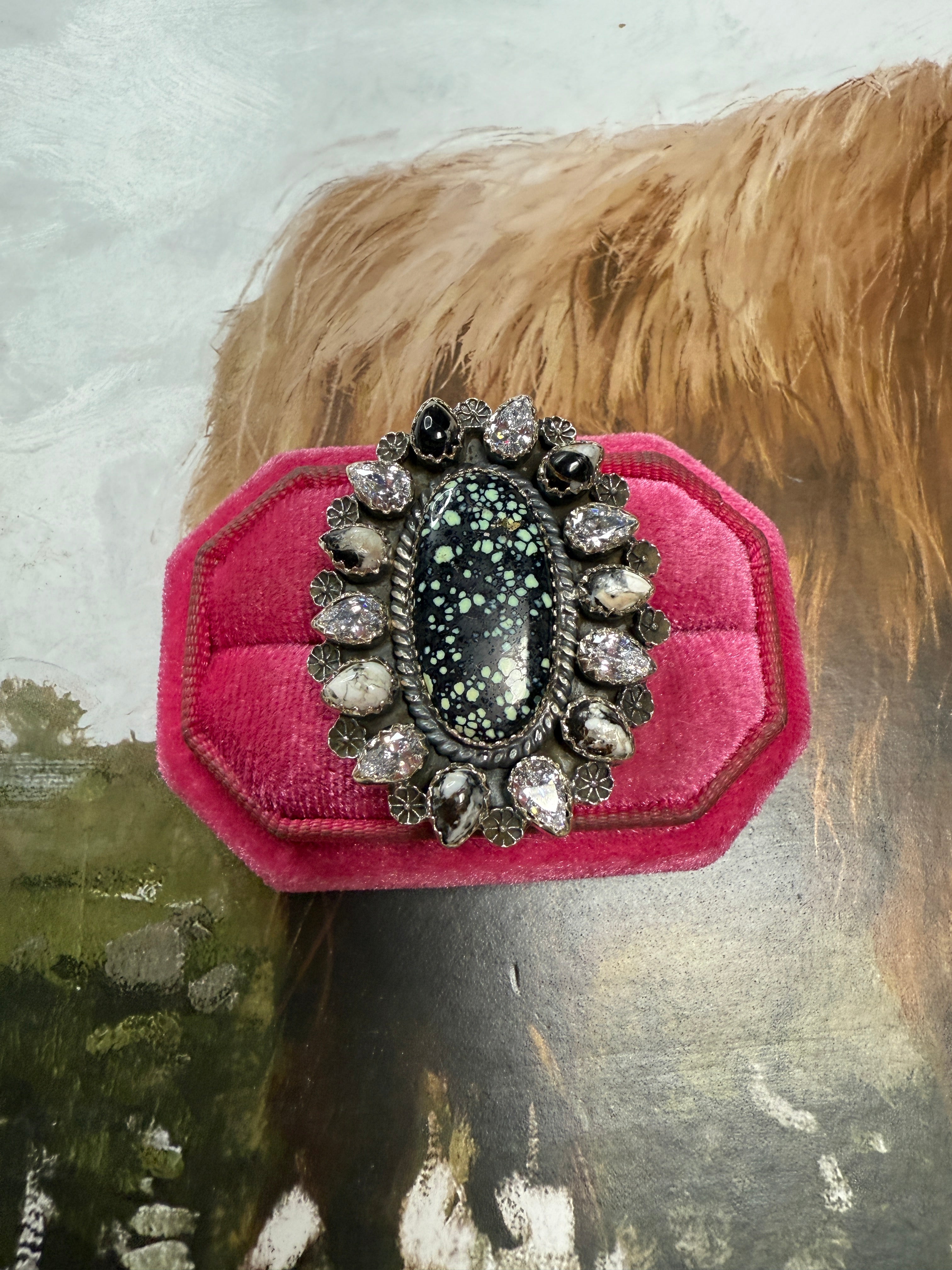 Beautiful Handmade New Lander Turquoise, CZ, White Buffalo And Sterling Silver Adjustable Ring