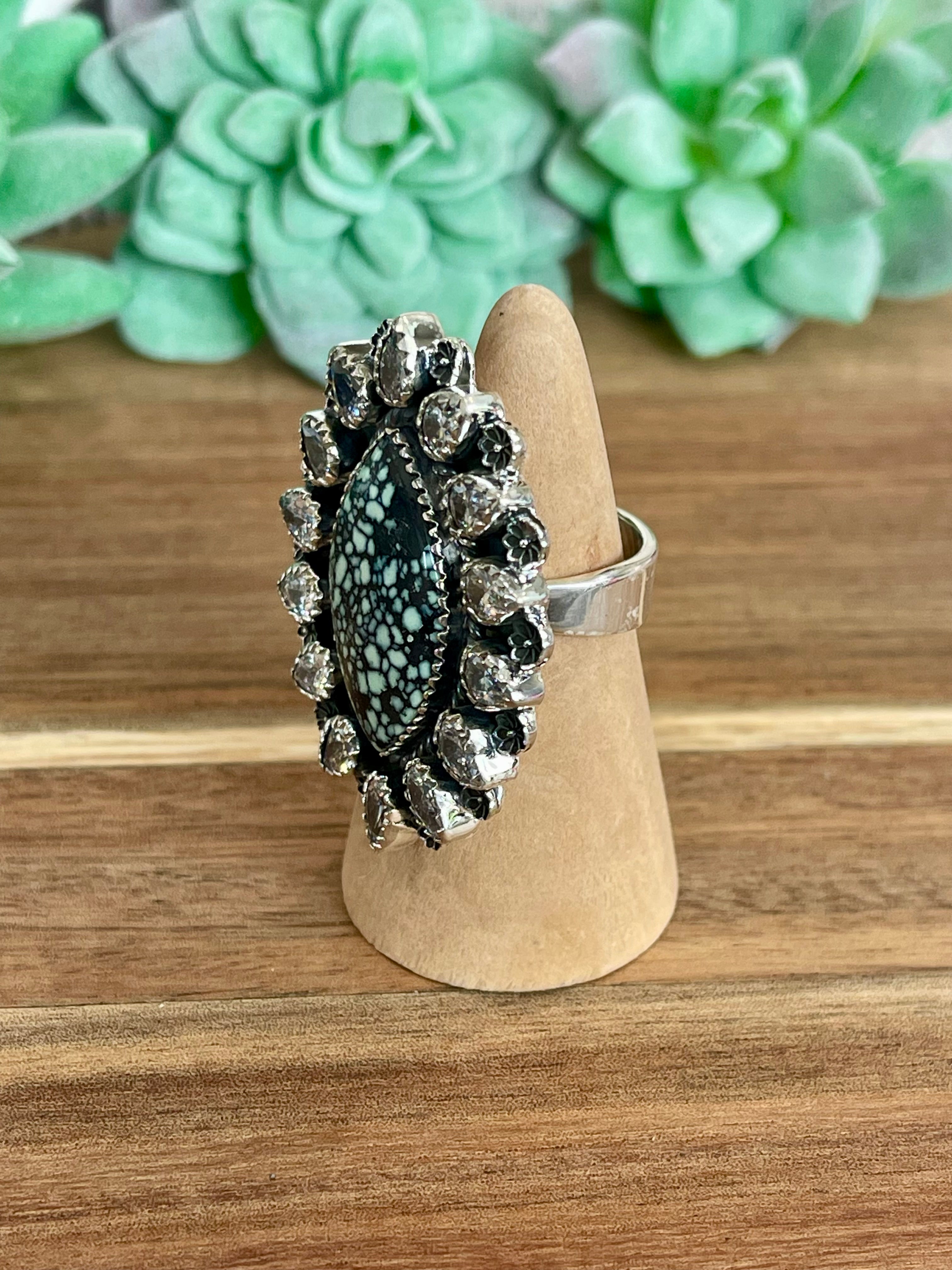 Beautiful Handmade New Lander Turquoise, Cubic Zirconia And Sterling Silver Adjustable Ring