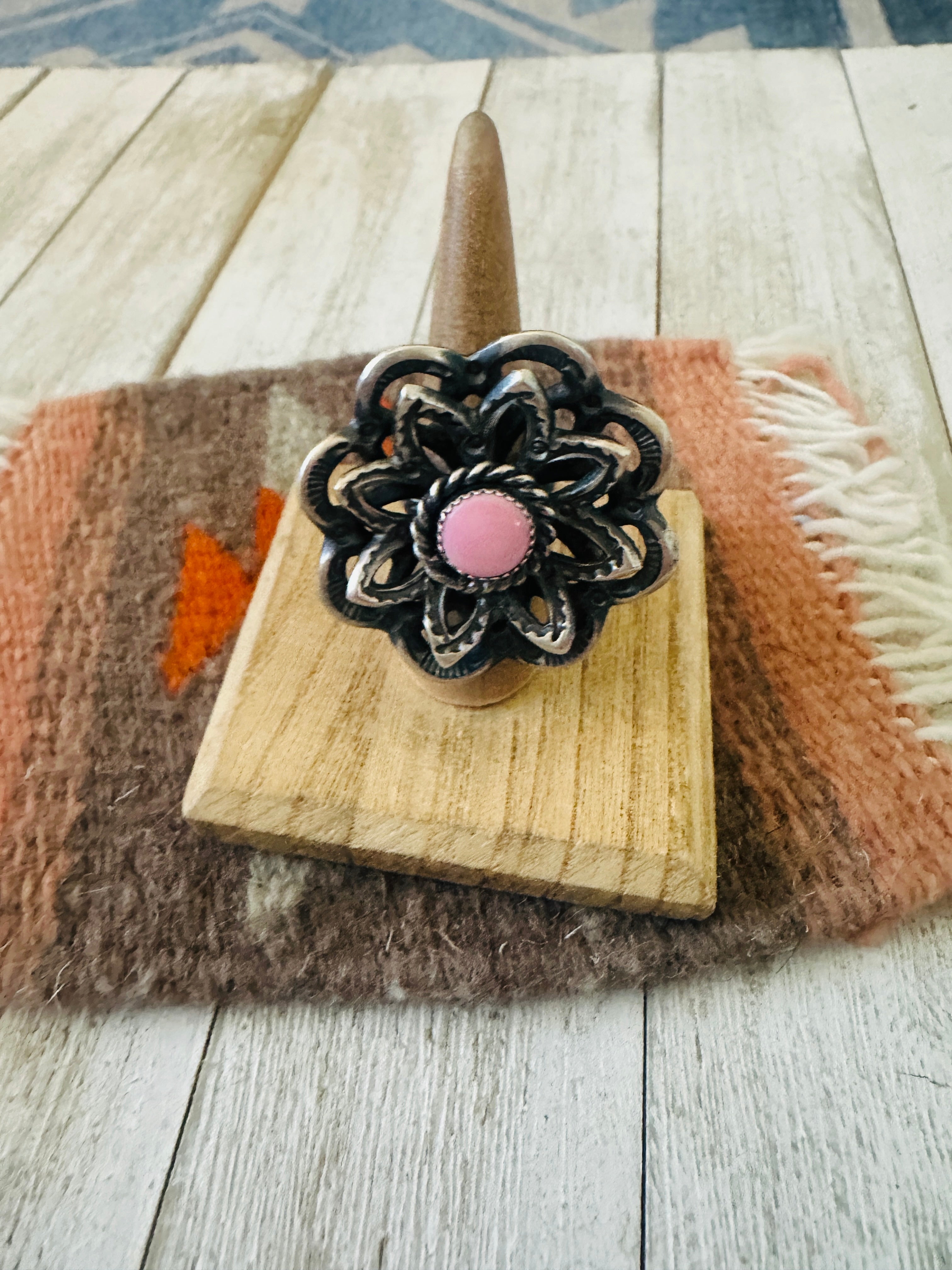 Handcrafted Sterling Silver & Queen Pink Conch Shell Adjustable Flower Ring by Kevin Billah