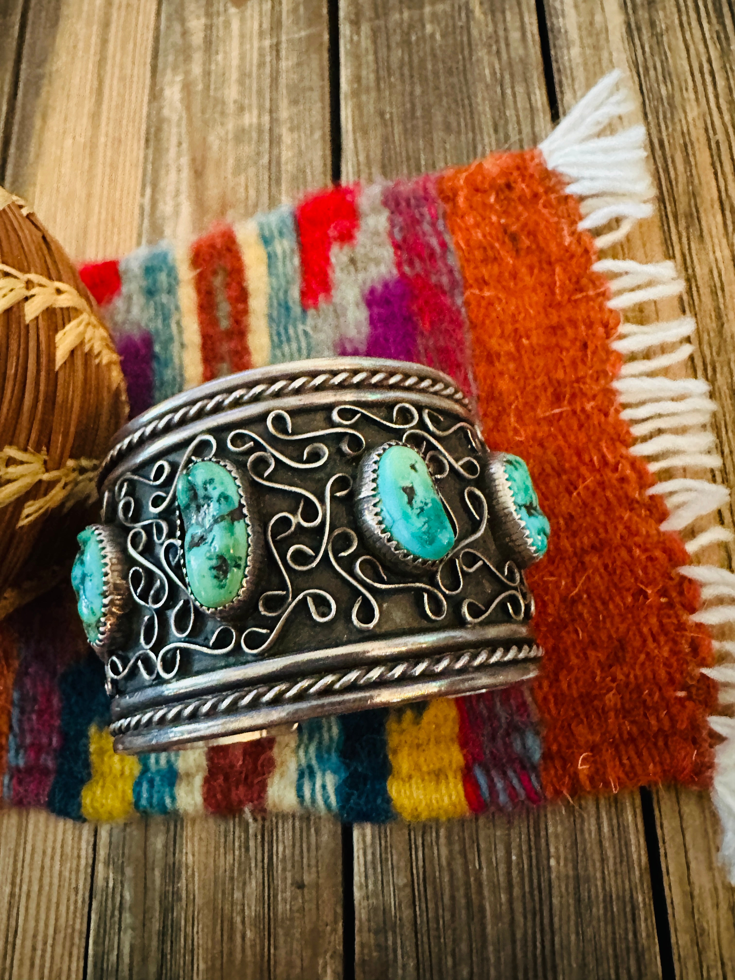 Handcrafted Old Pawn Sterling Silver & Kingman Turquoise Cuff Bracelet