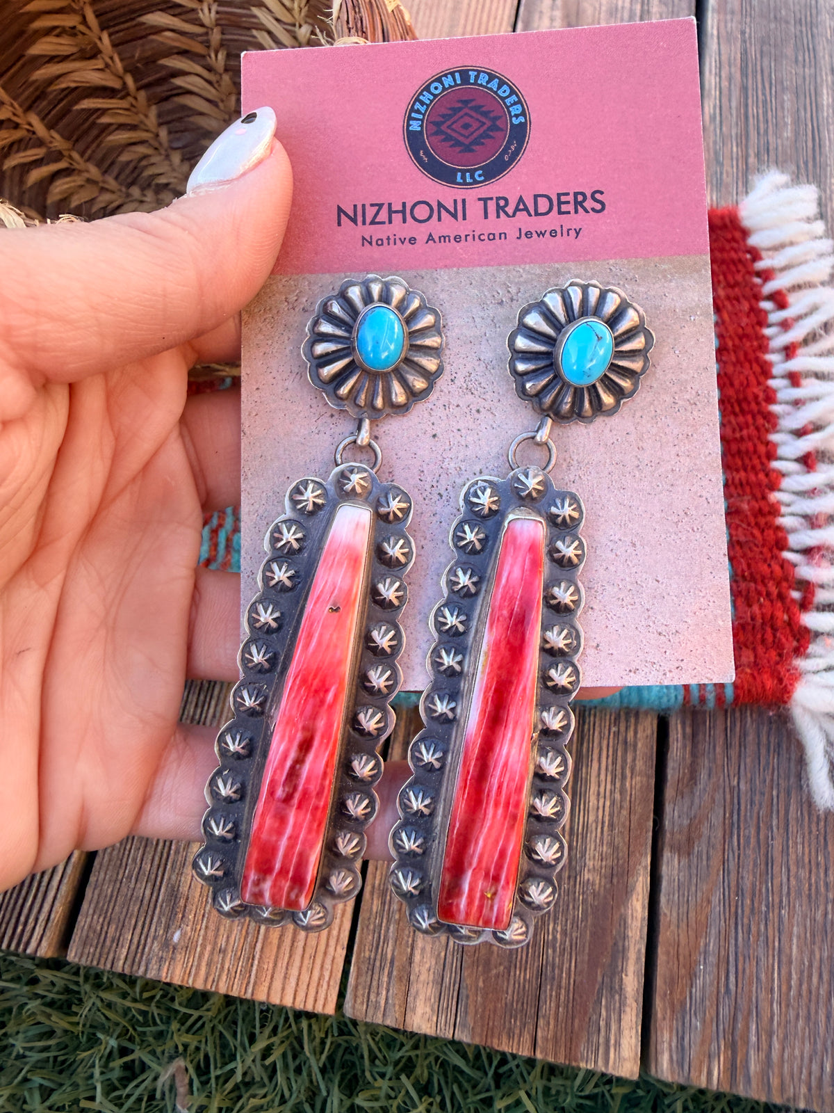 Handcrafted Spiny Oyster, Turquoise & Sterling Silver Dangle Earrings by Eugene Charley