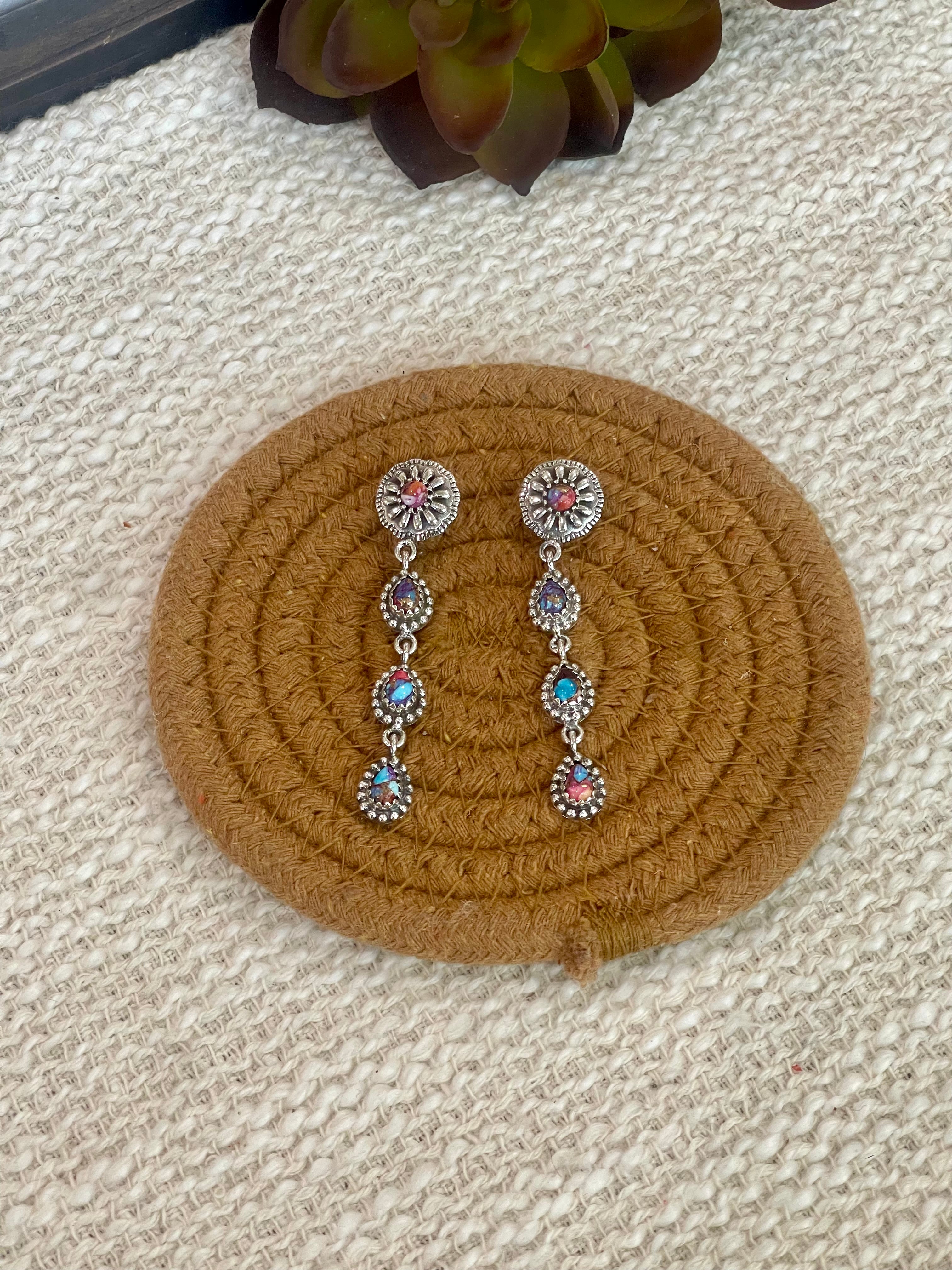 Handmade Sterling Silver, Pink Dream & Turquoise Post Dangle Earrings