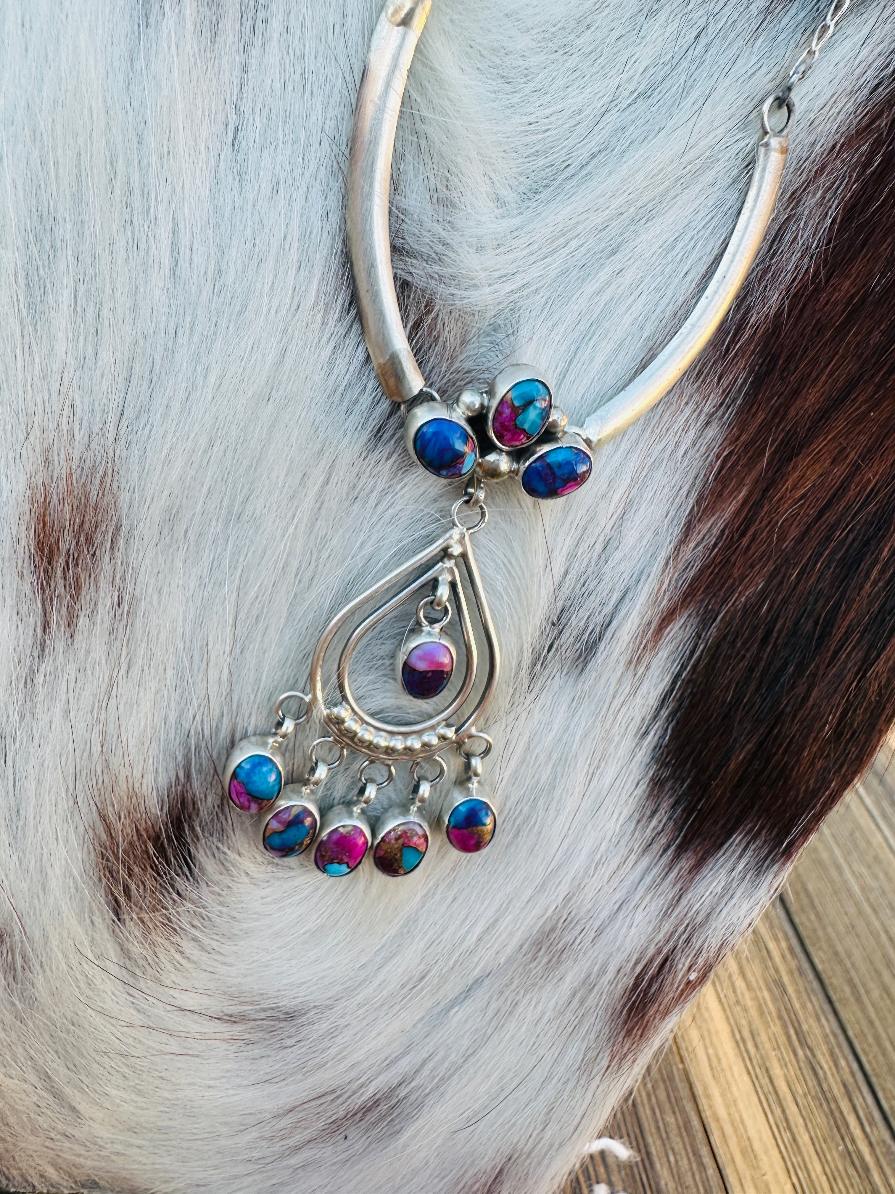 Handcrafted Pink Dream Mojave & Sterling Silver Chandelier Necklace by Pearlene Spencer