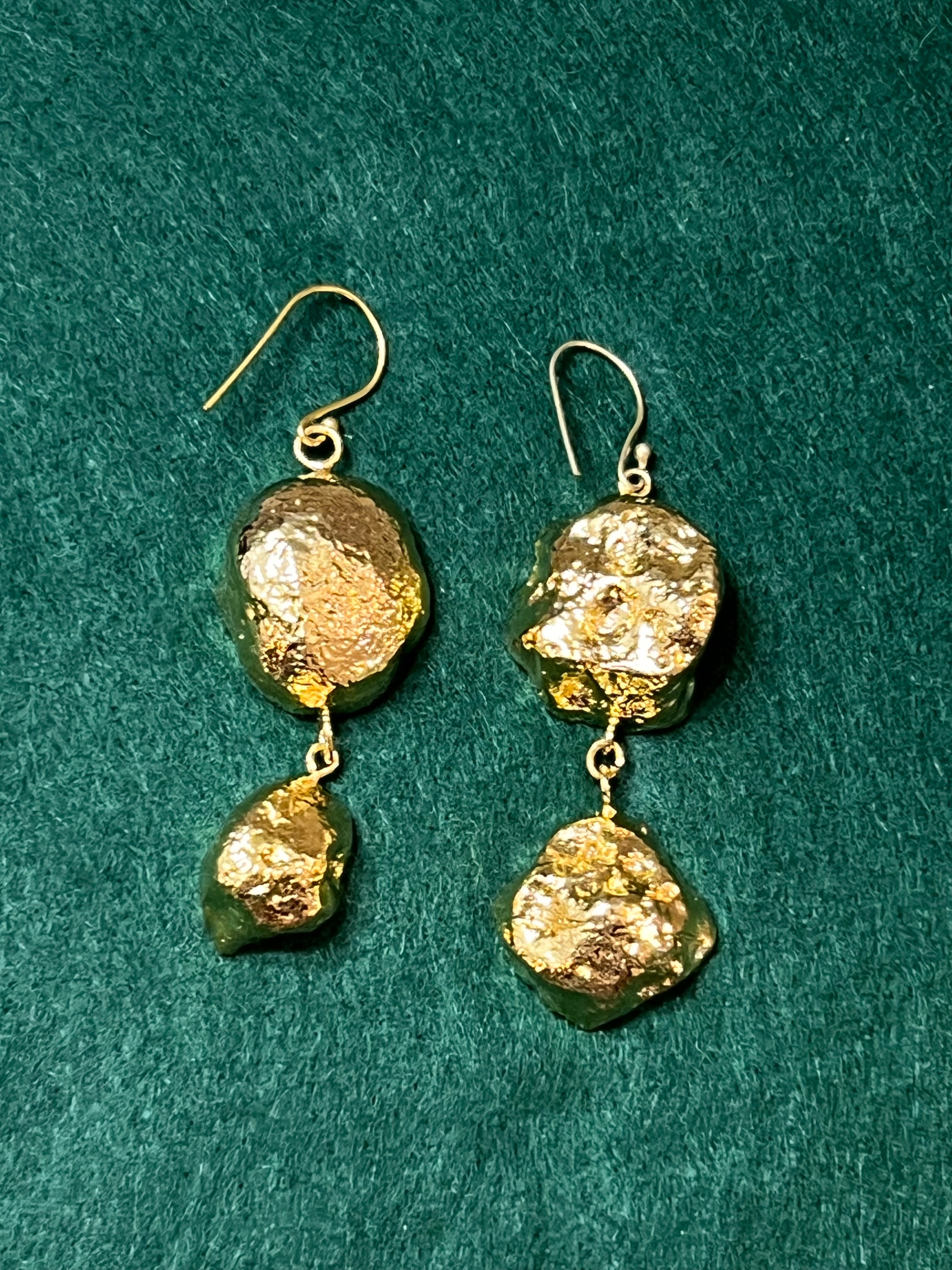 Handmade 14k Gold Druzy Plated Brass 2-Stone White Geode Dangle Wire Earrings