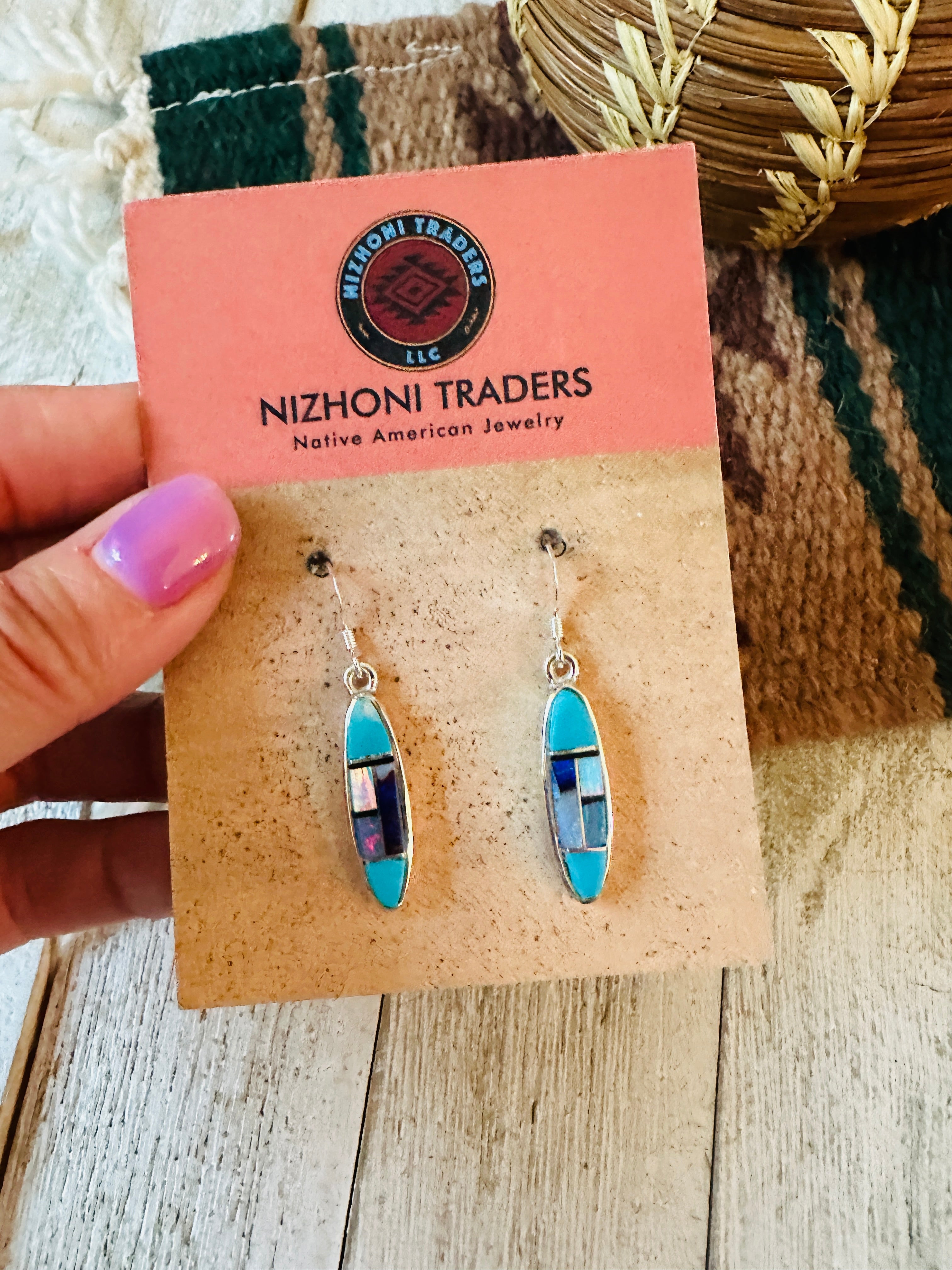 Handcrafted Sterling Silver & Multi Stone Inlay Dangle Earrings