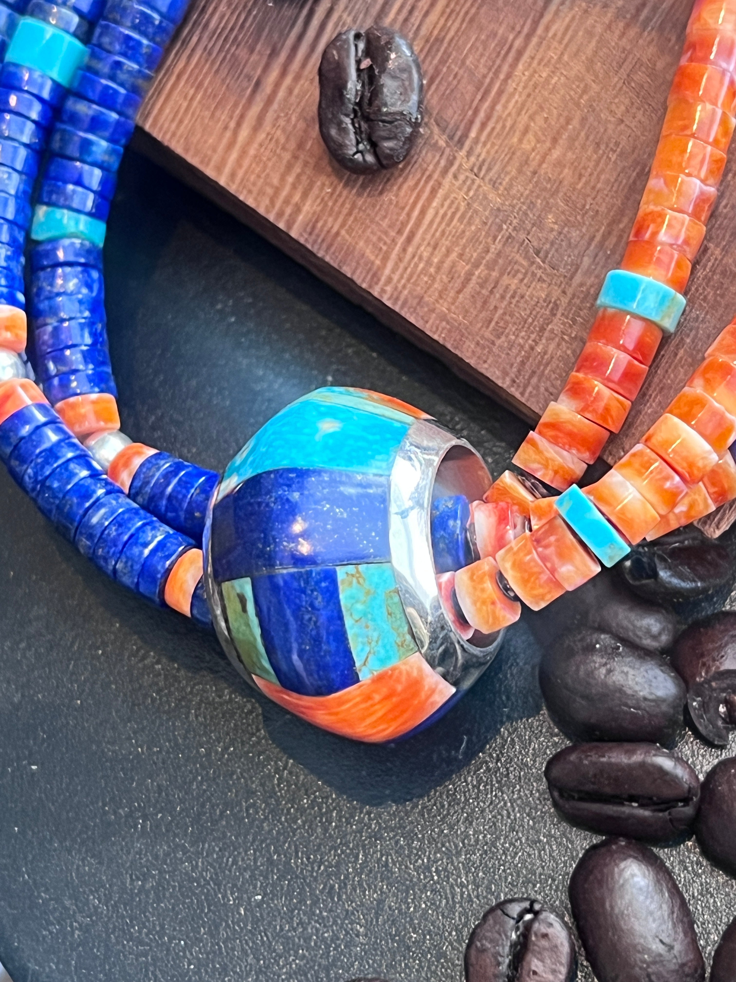 Daniel Coriz Triple Strand Lapis, Spiny Oyster and Turquoise Beaded Necklace w/ Removable Sterling Silver & Stone Inlay Bead