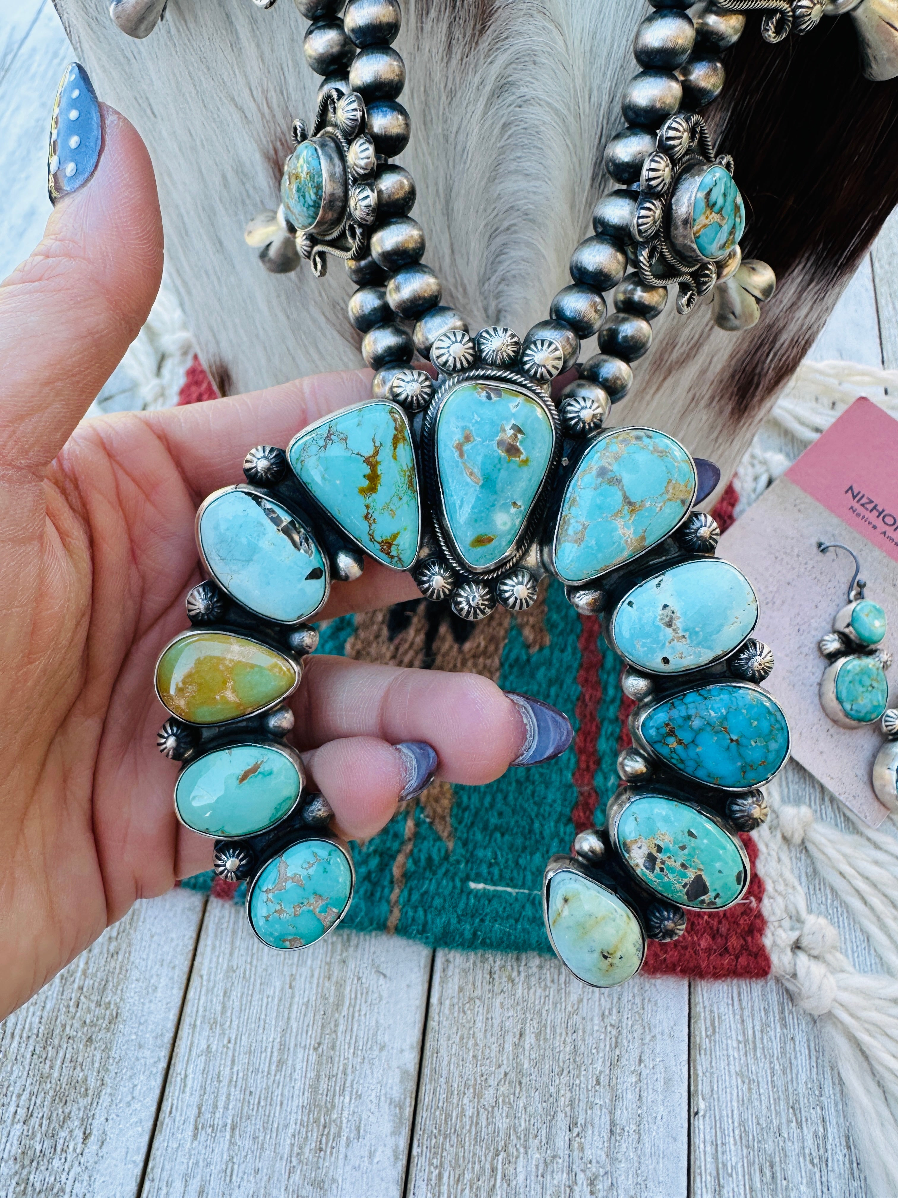 Handcrafted Turquoise & Sterling Silver Squash Blossom Necklace and Earring Set by Bobby Johnson
