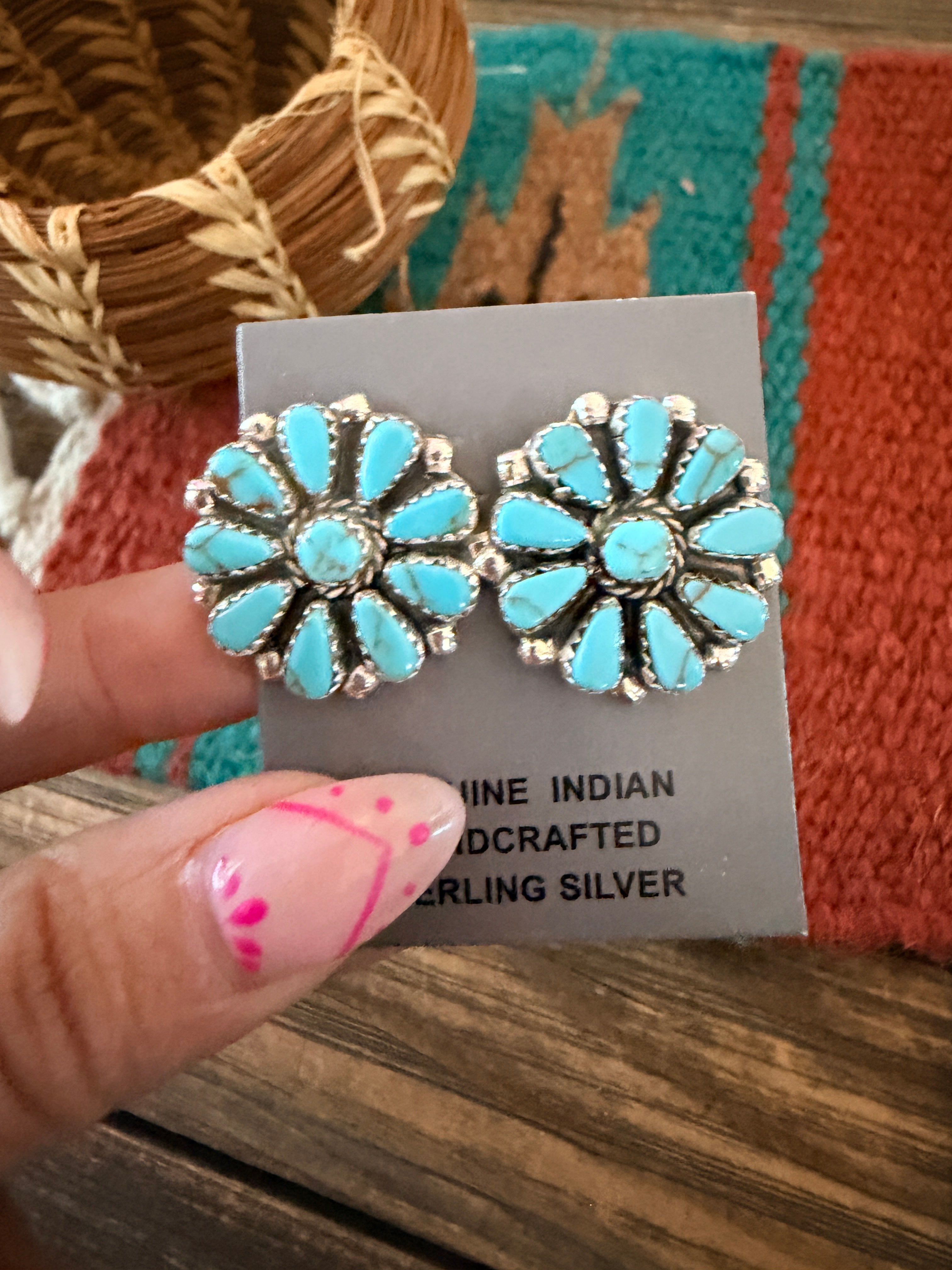 Handcrafted Turquoise & Sterling Silver Cluster Post Earrings