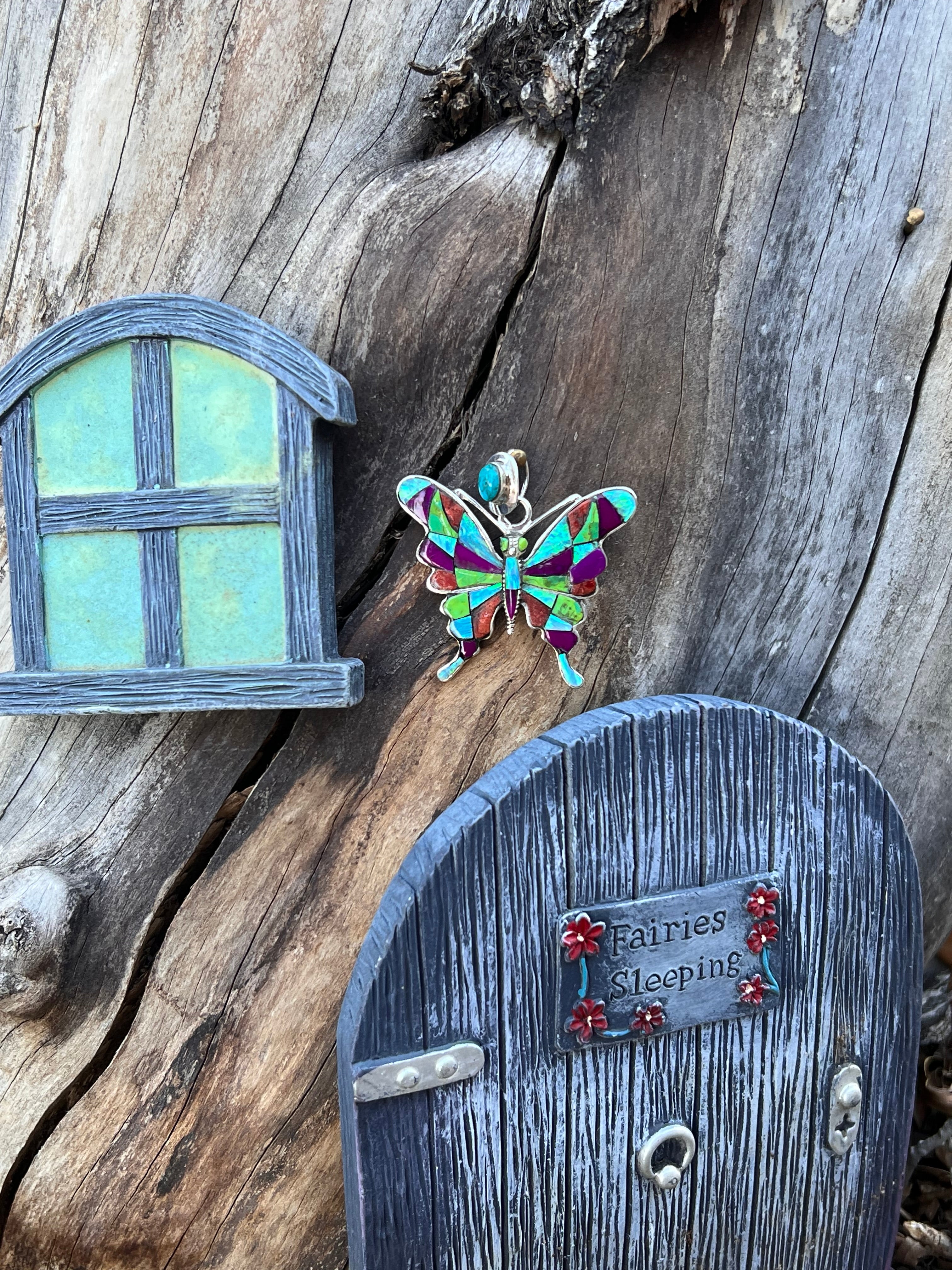 Handmade Sterling Silver Multi Stone Inlay Turquoise Butterfly Pendant