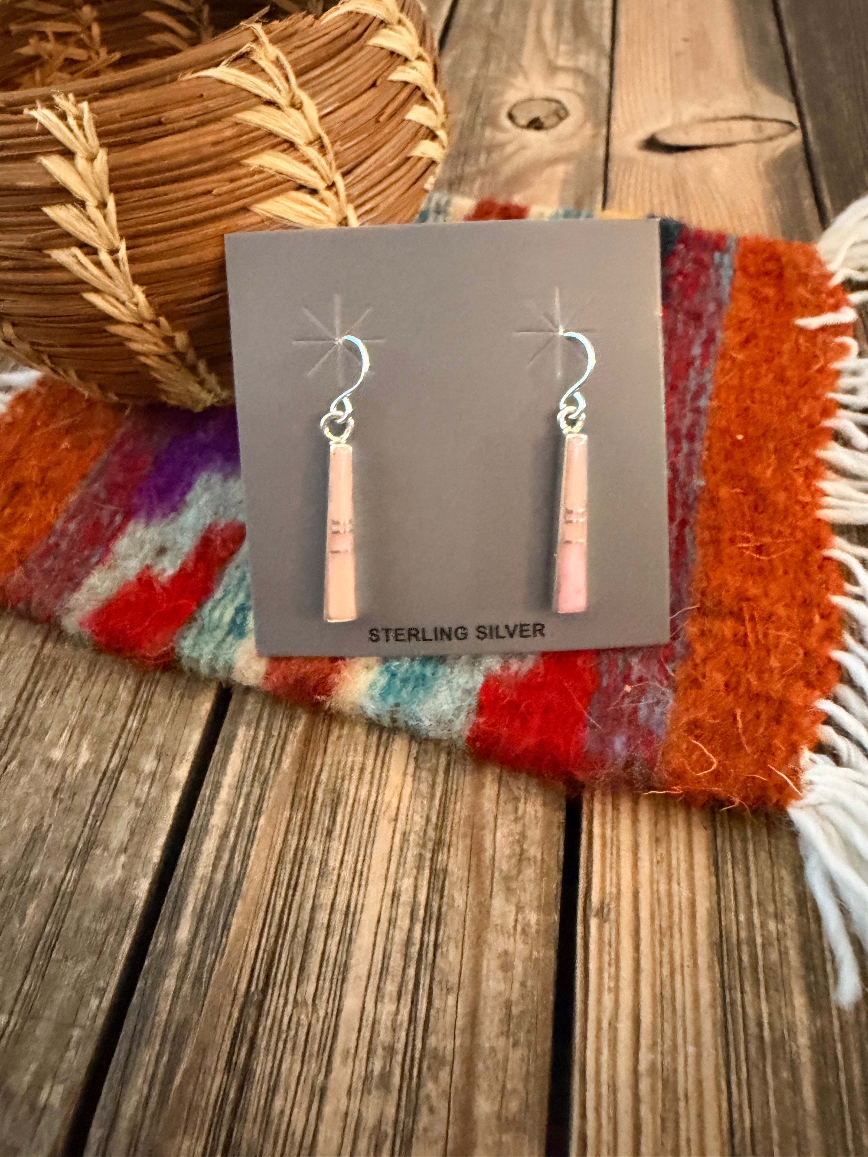 Handcrafted Queen Pink Conch & Sterling Silver Inlay Dangle Earrings by Rick Tolino