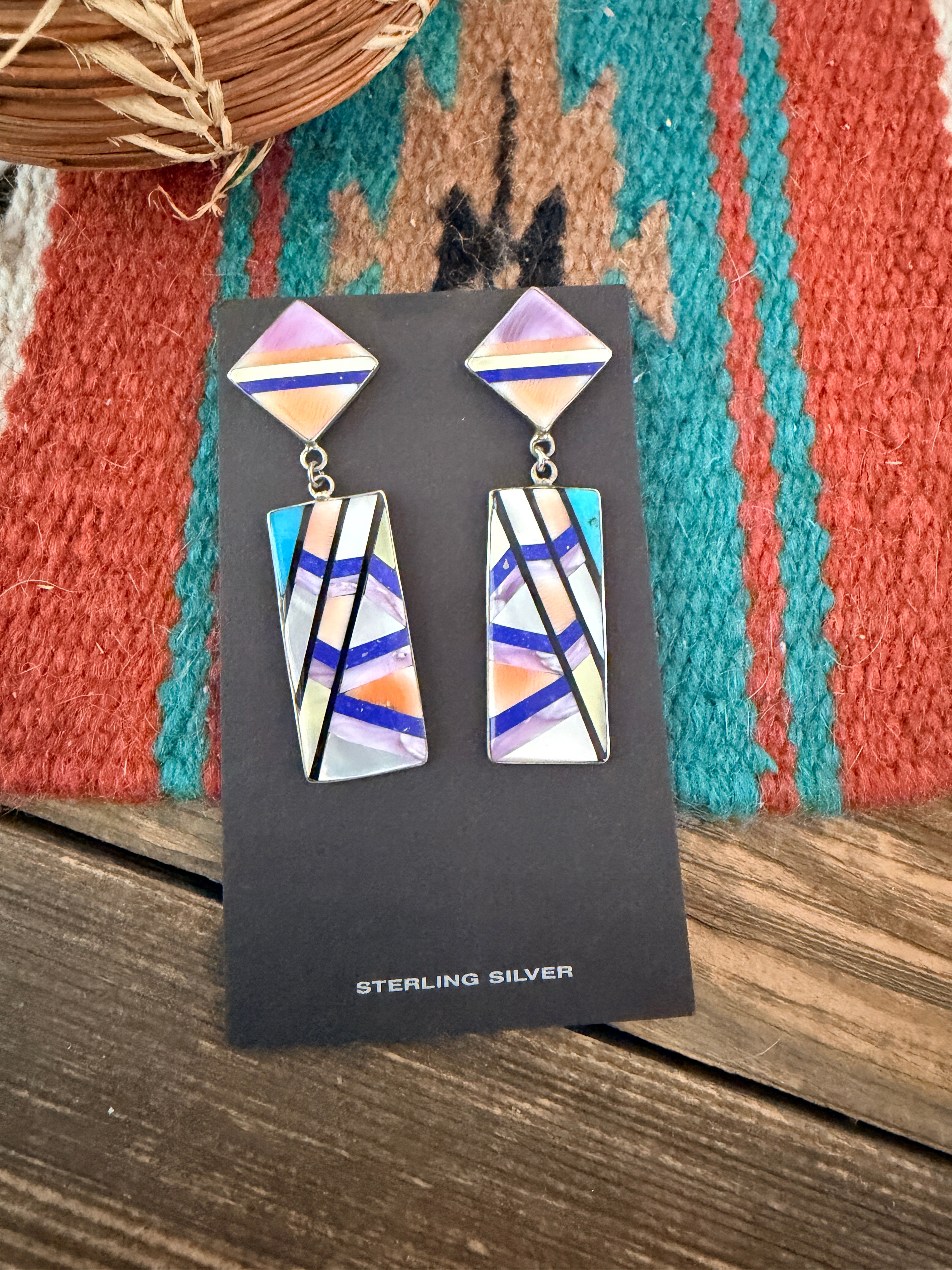 Old Pawn Handcrafted Sterling Silver & Multi Stone Inlay Dangle Earrings