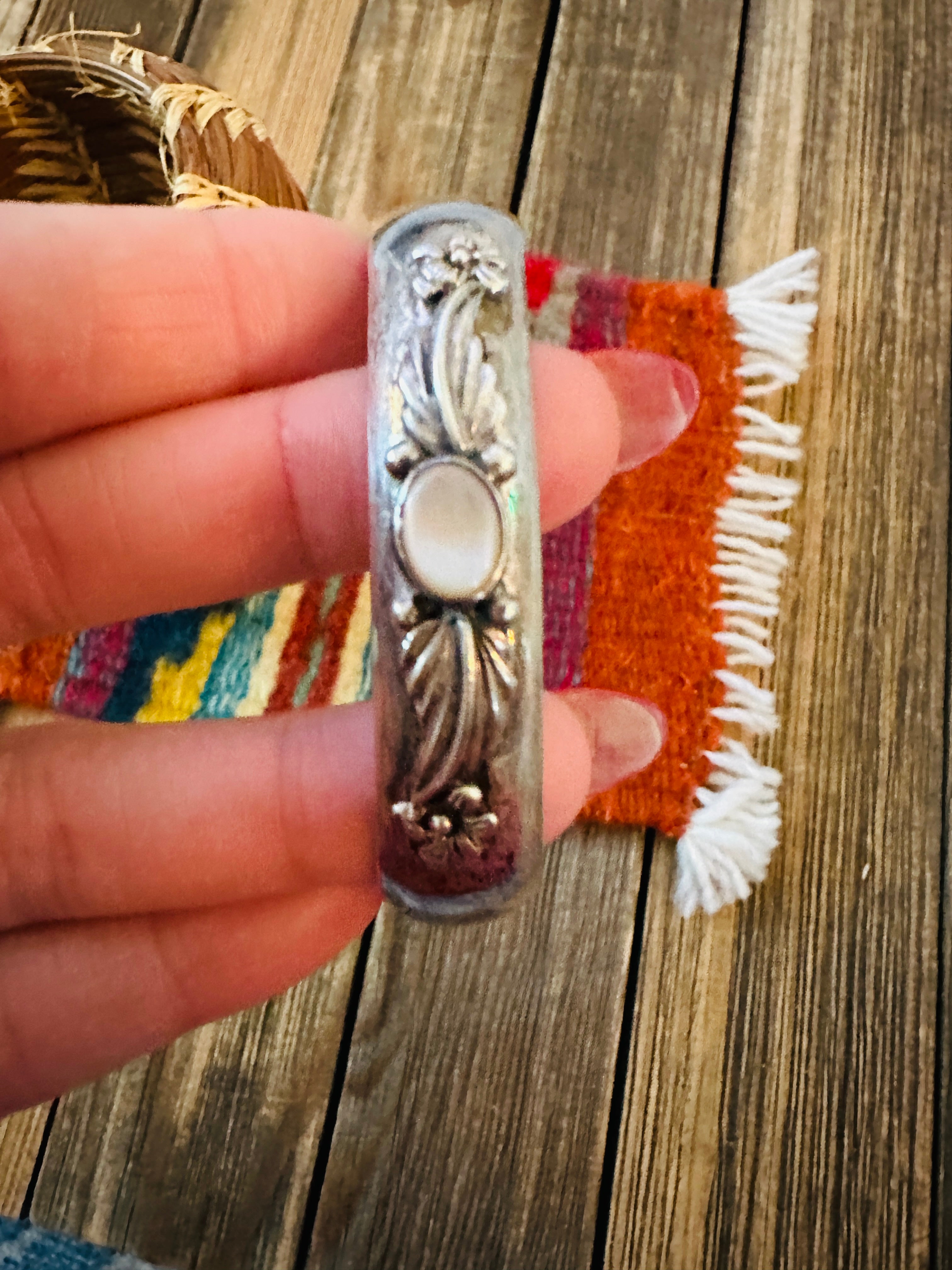 Handcrafted Old Pawn Sterling Silver & Mother of Pearl Cuff Bracelet