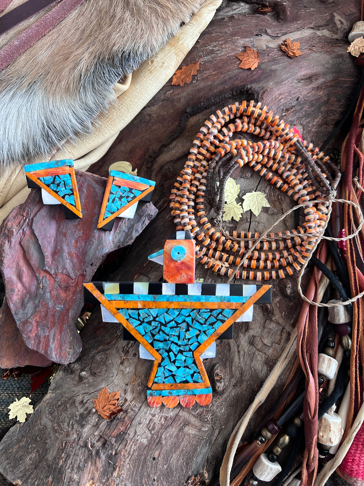 Warren Nieto Inlay Turquoise and Spiny Oyster Thunderbird Necklace & Earrings Set