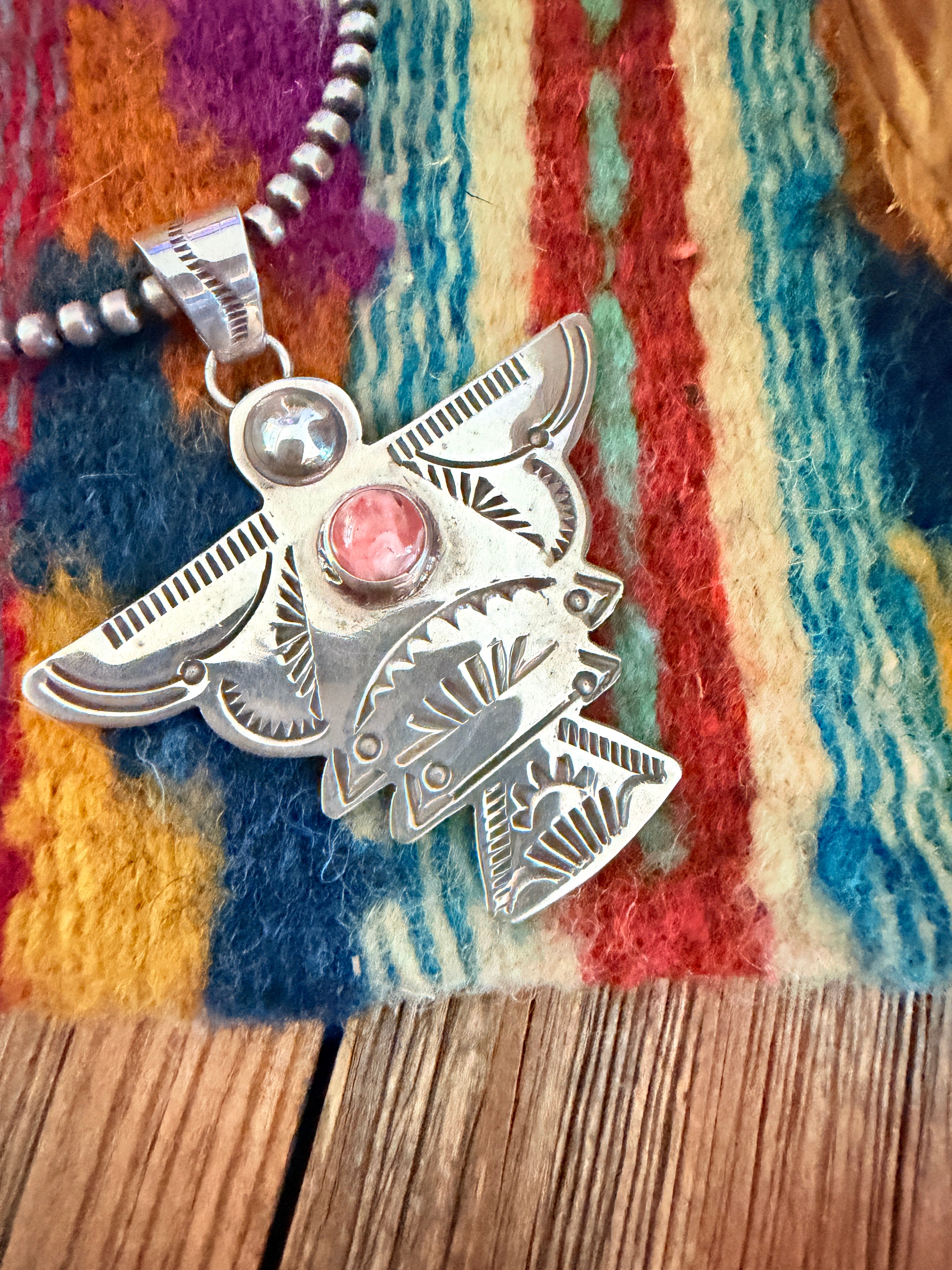 Handcrafted Sterling Silver & Rhodochrosite Thunderbird Pendant
