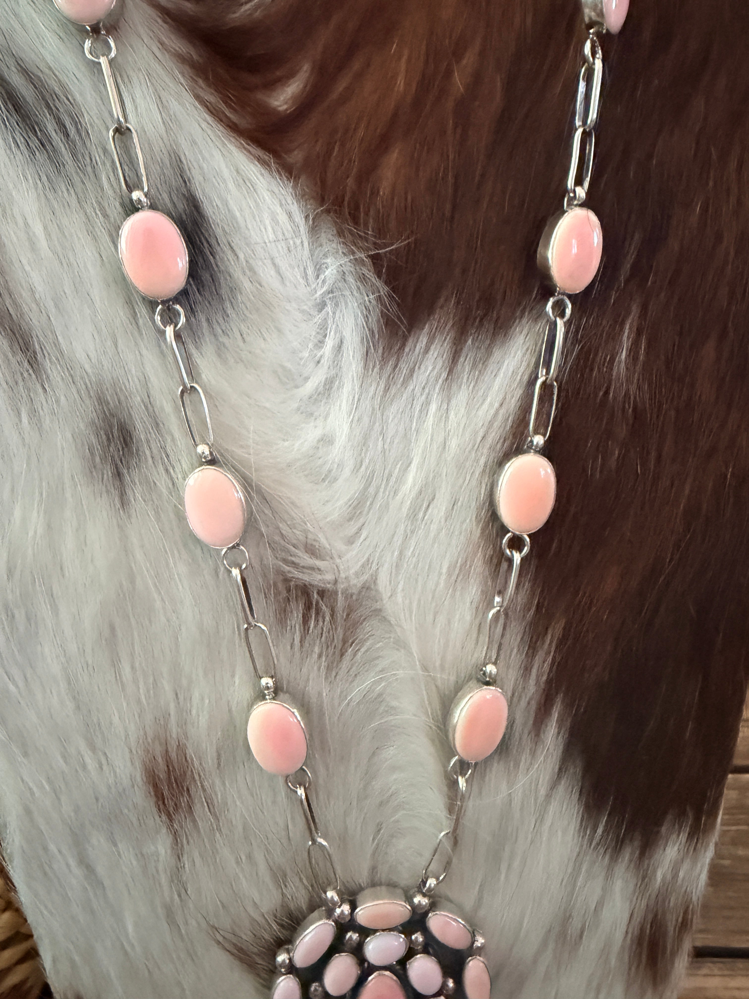 Handcrafted Queen Pink Conch & Sterling Silver Cluster Necklace and Earring Set