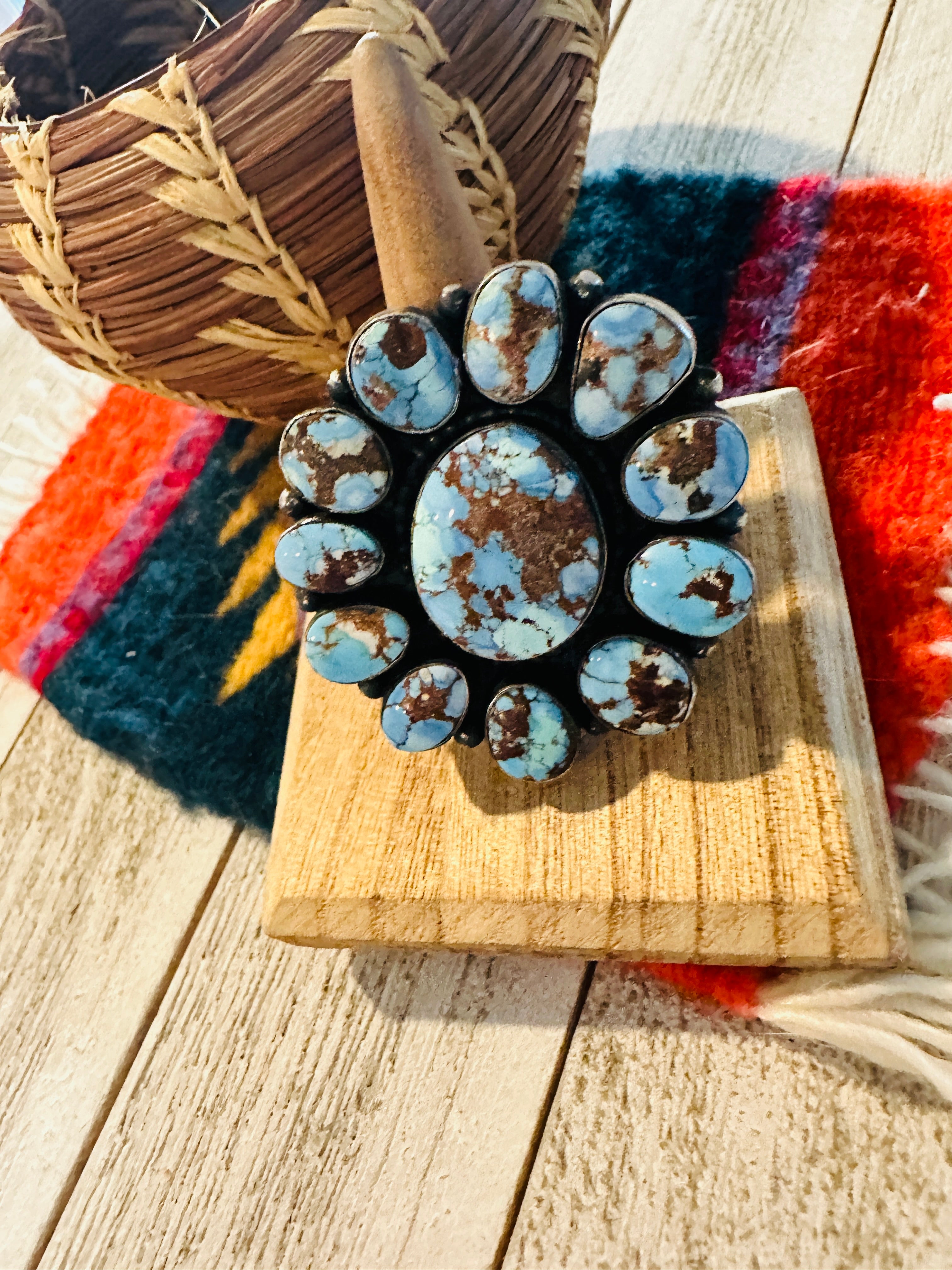 Navajo Golden Hills Turquoise & Sterling Silver Cluster Ring by Blaine Yellowhorse, Size 8.5