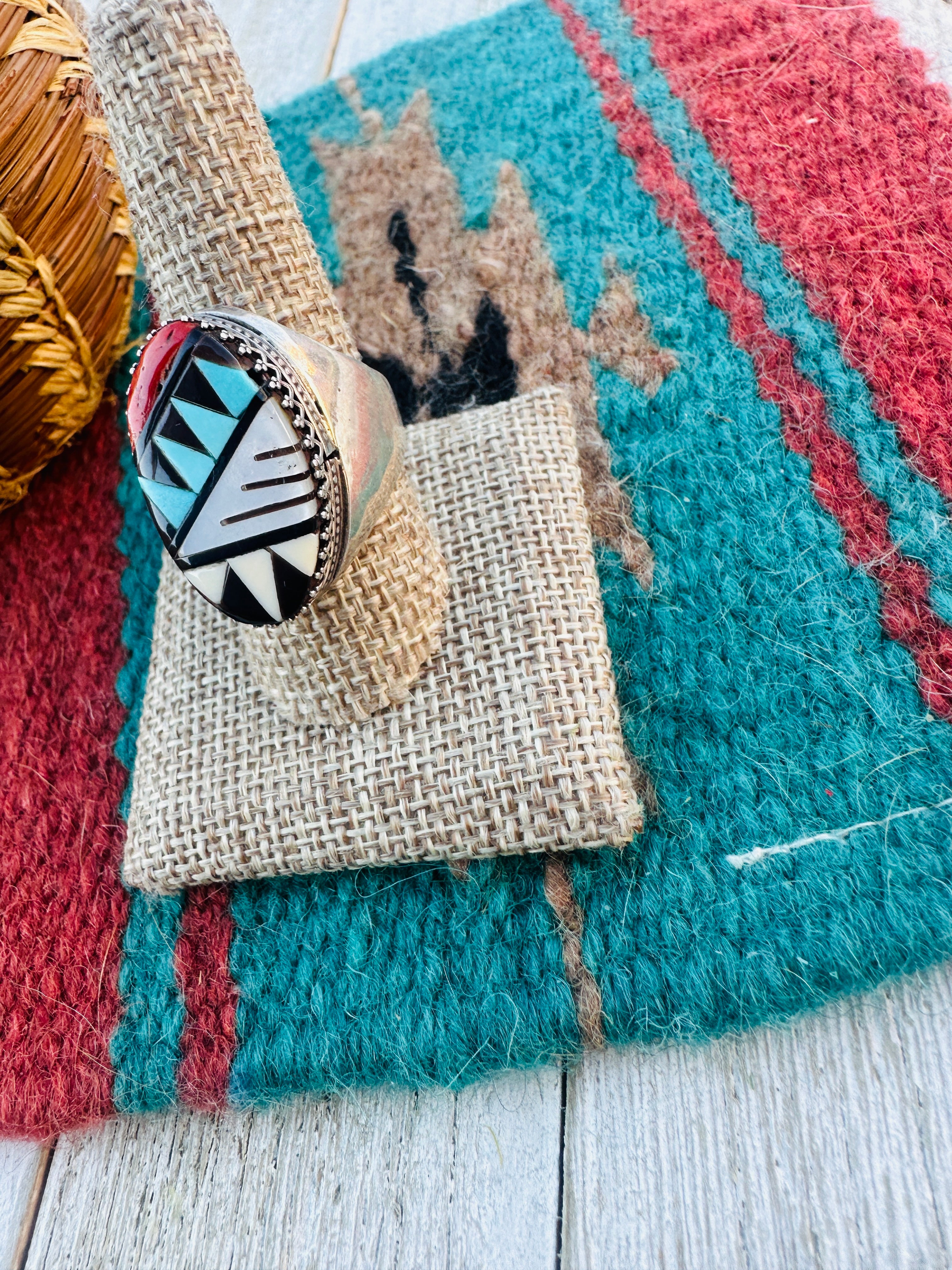 Old Pawn Handcrafted Multi Stone & Sterling Silver Inlay Ring Size 9.5