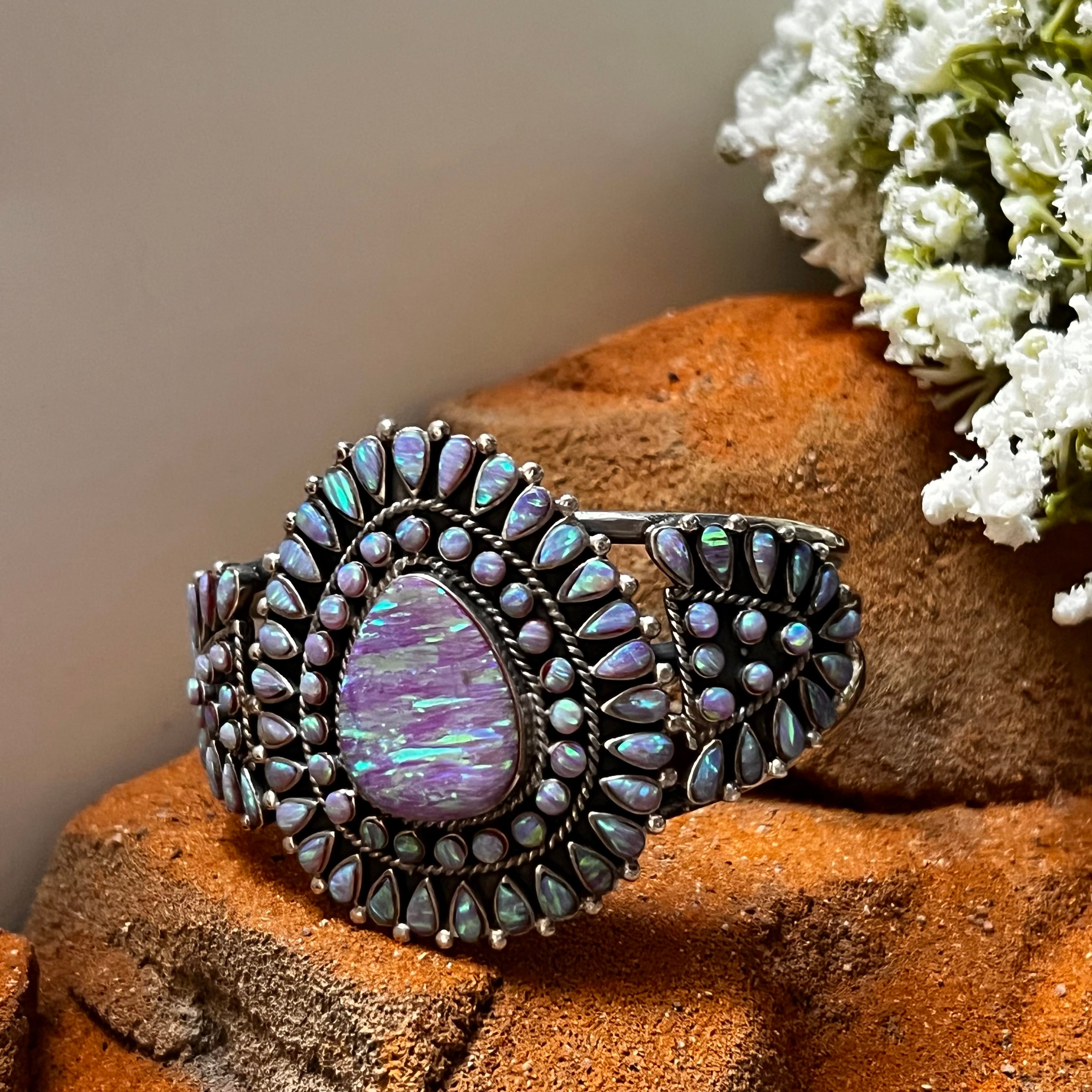 Handmade Sterling Silver & Fire Purple Opal Adorned Ornate Cuff Bracelet