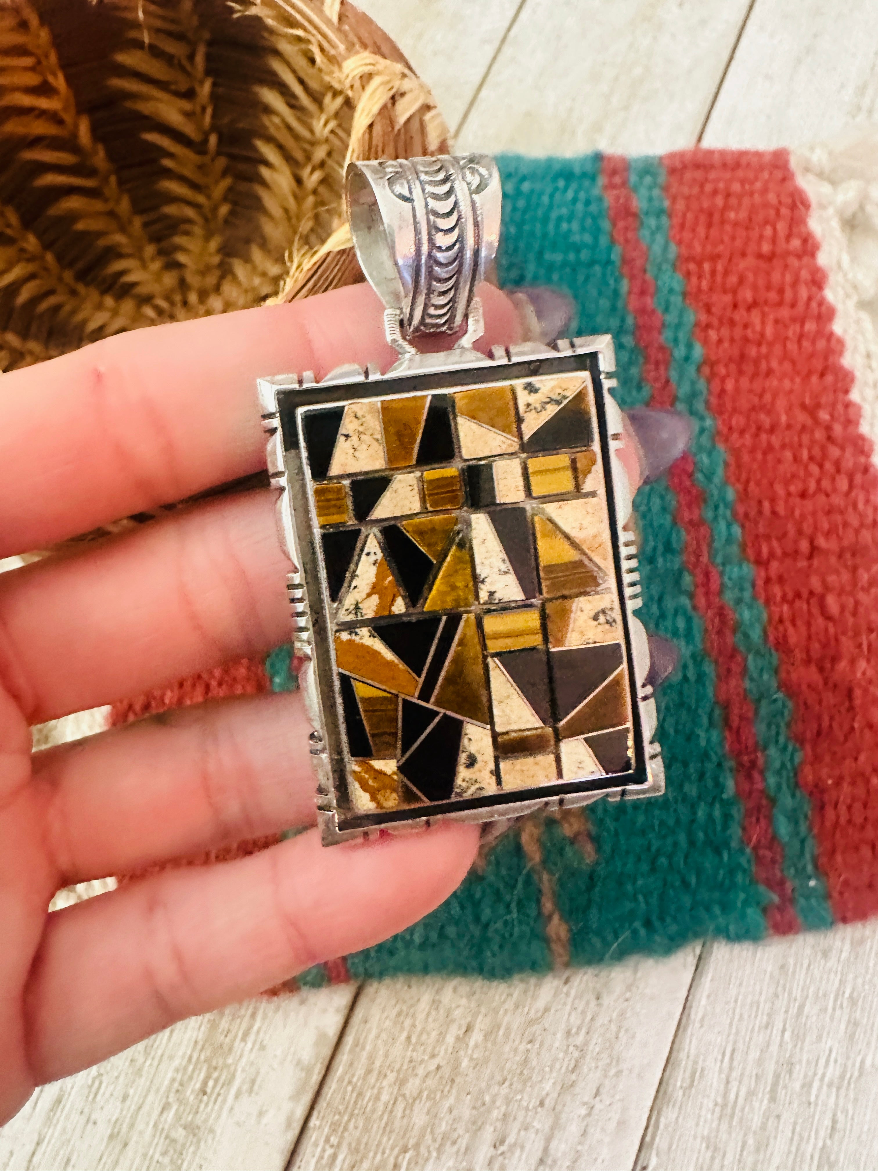 Handcrafted Sterling Silver and Multi Stone Inlay Pendant