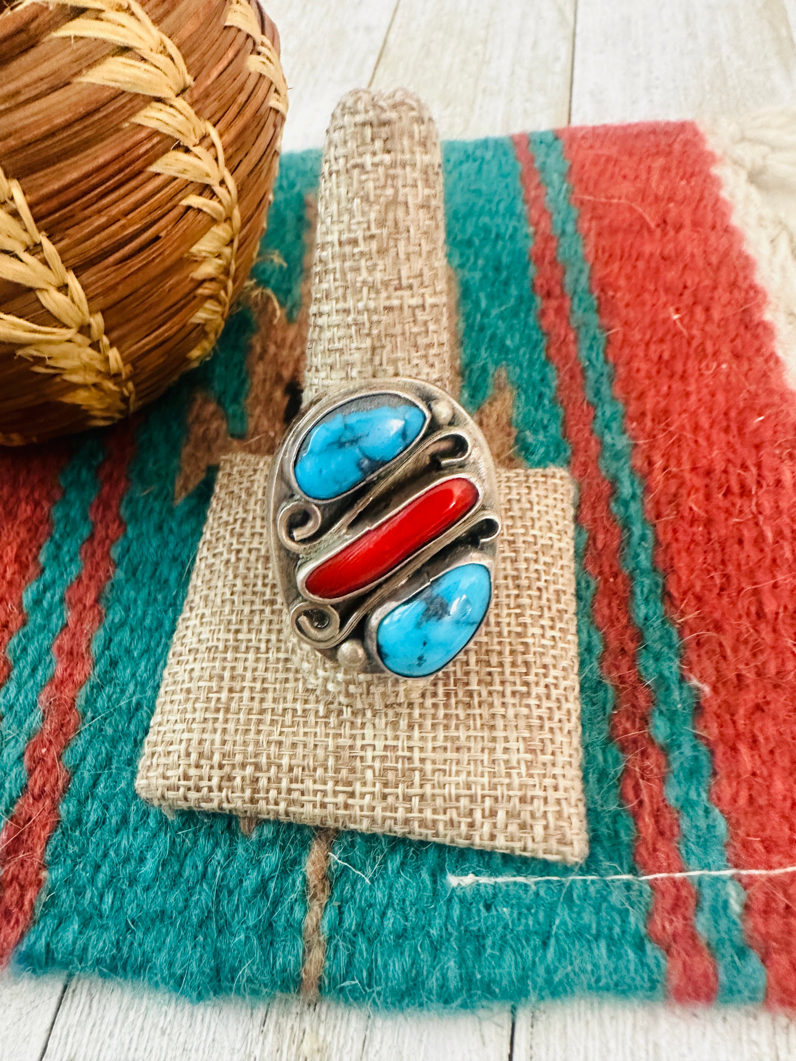 Handcrafted Old Pawn Sterling Silver, Turquoise & Coral Ring Size 11