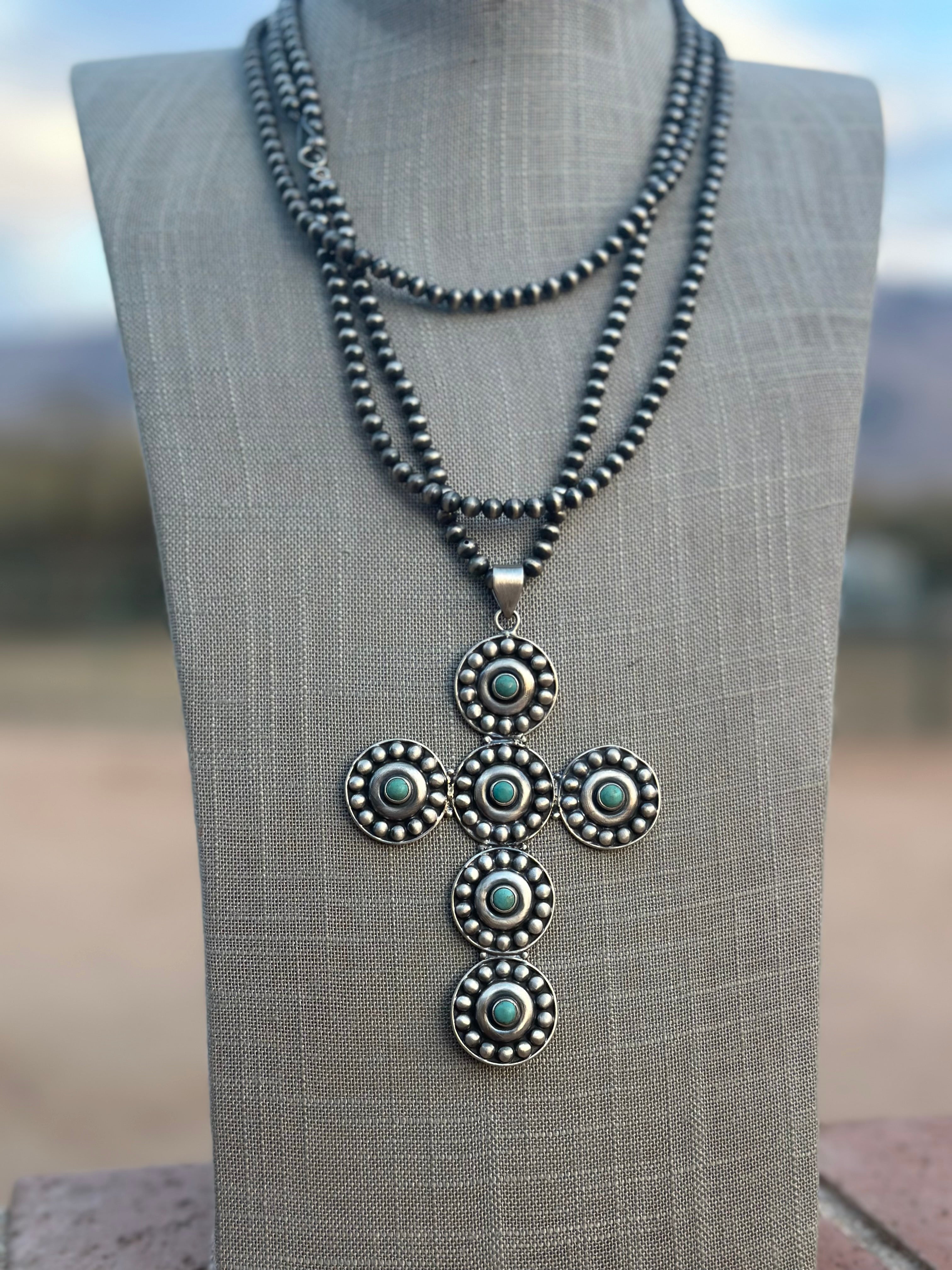 Handmade Natural Turquoise & Sterling Silver Ball Cross Pendants