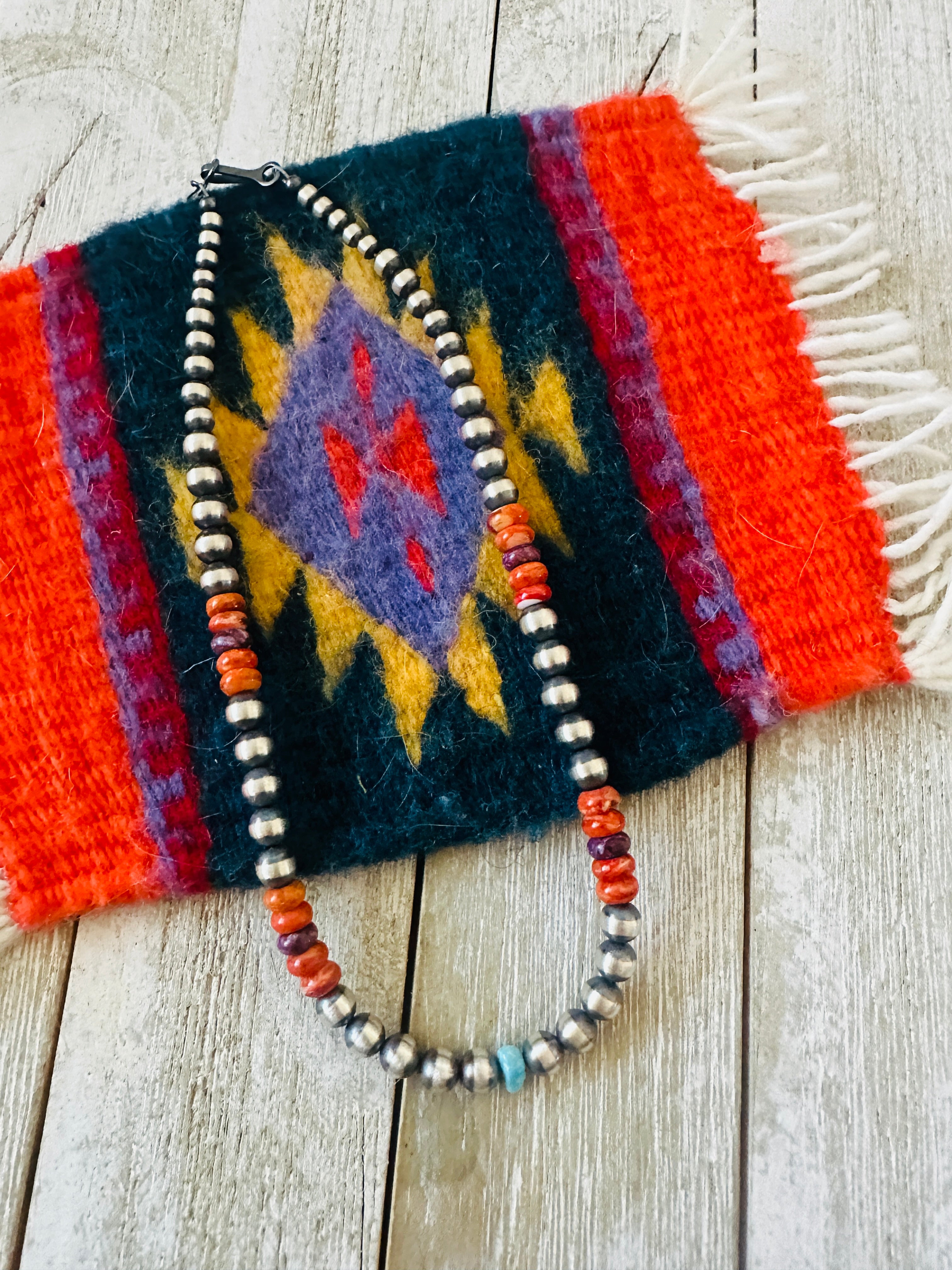 Handcrafted Sterling Silver, Spiny & Turquoise Beaded 14” Necklace