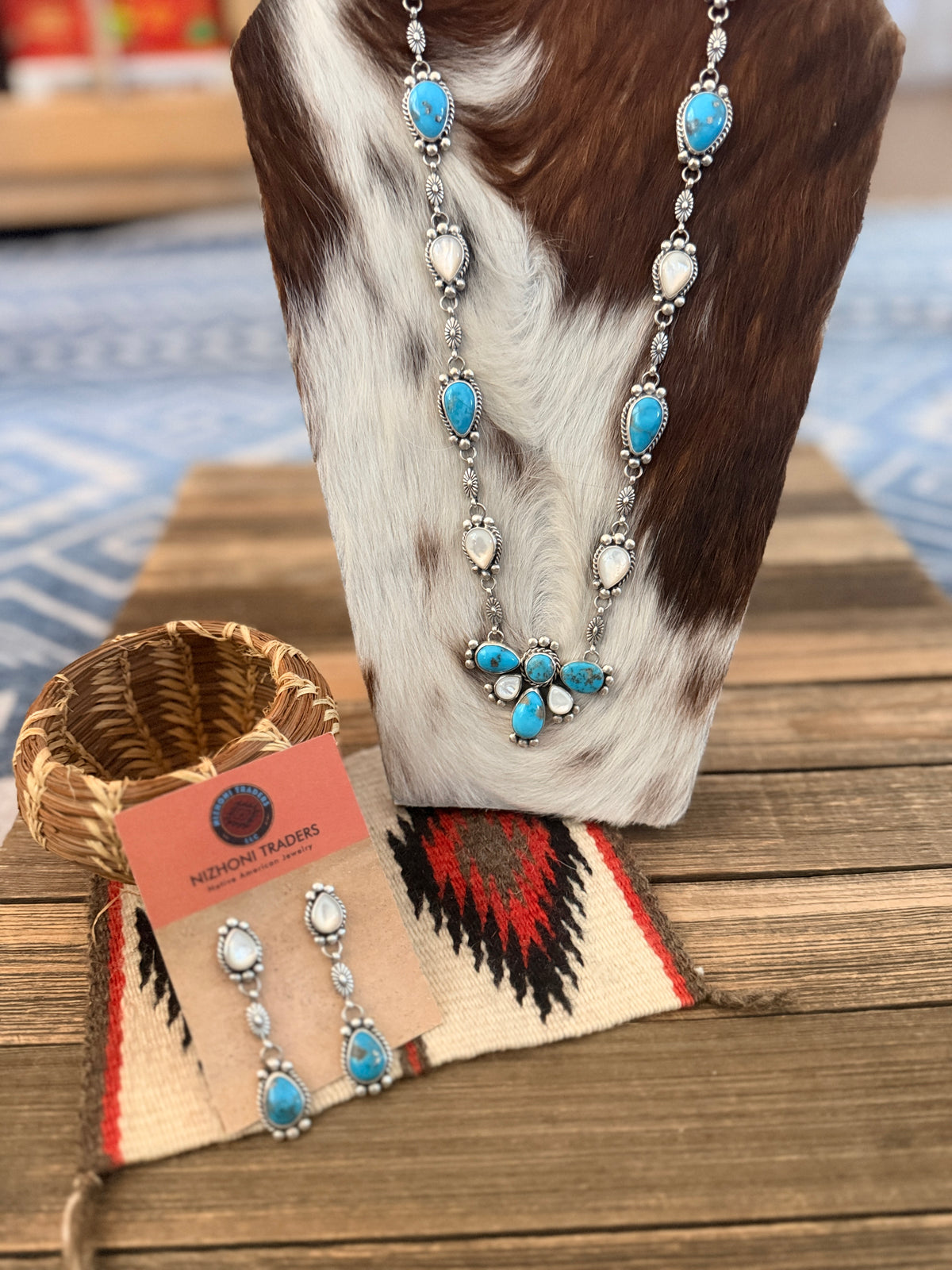 Handcrafted Turquoise, Mother of Pearl & Sterling Silver Cluster Necklace and Earring Set by Fred Francis