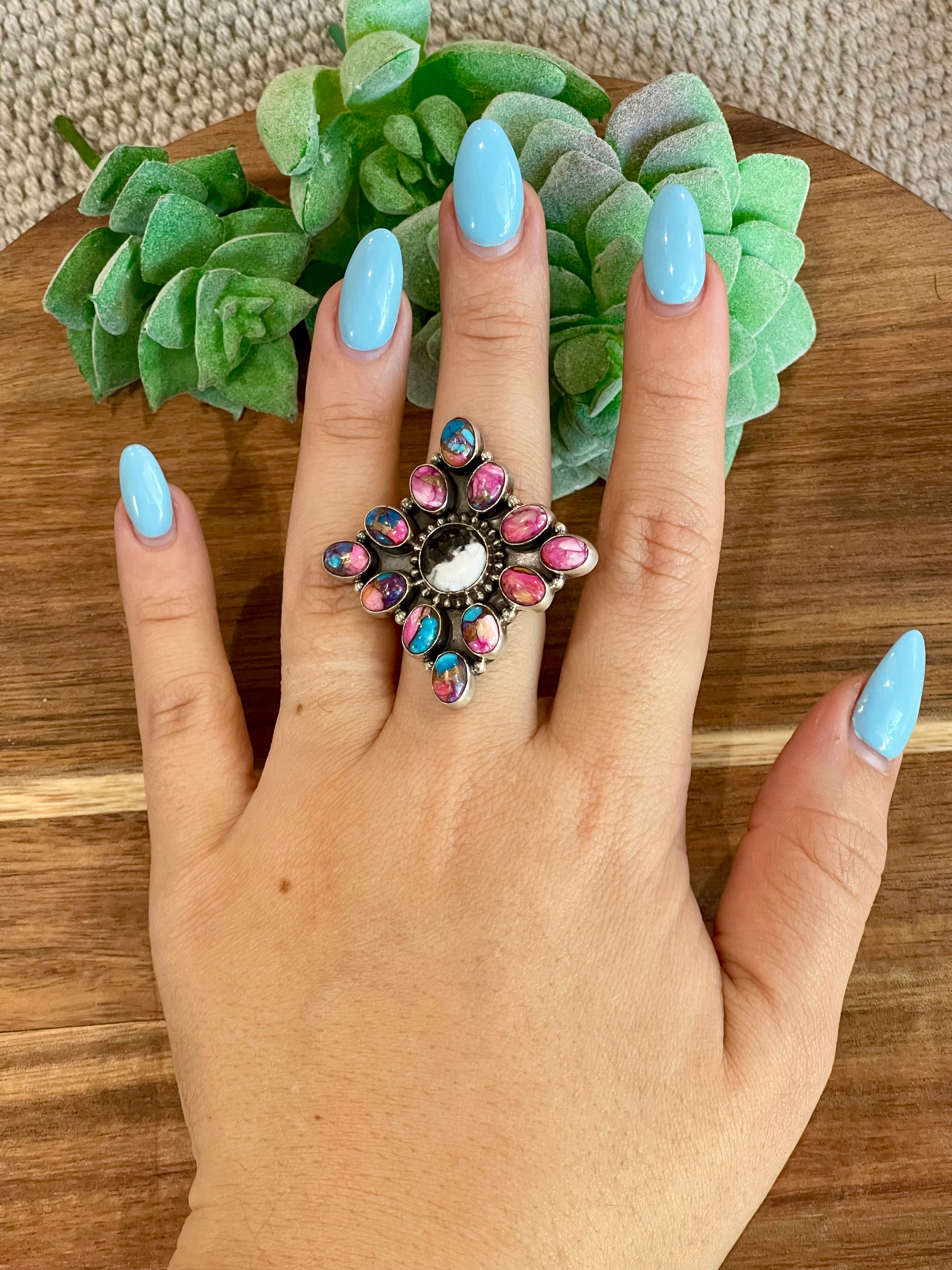 Beautiful Handmade Multi Stone And Sterling Silver Adjustable Ring